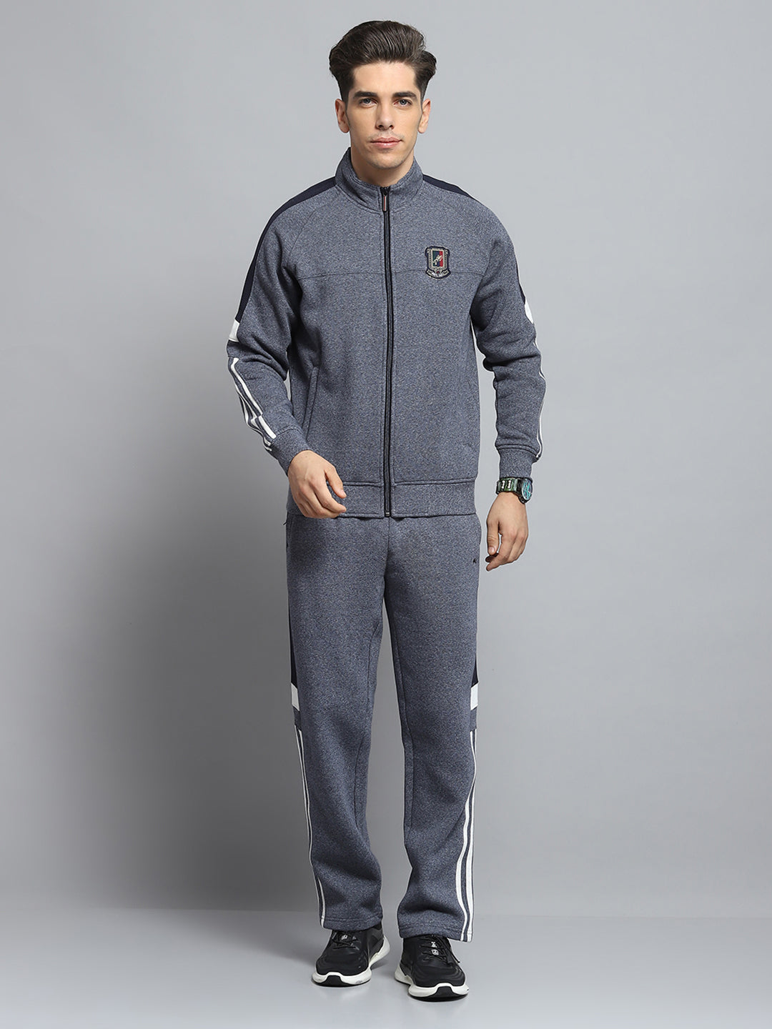 Men Grey Self Design Mock Neck Full Sleeve Winter Tracksuit