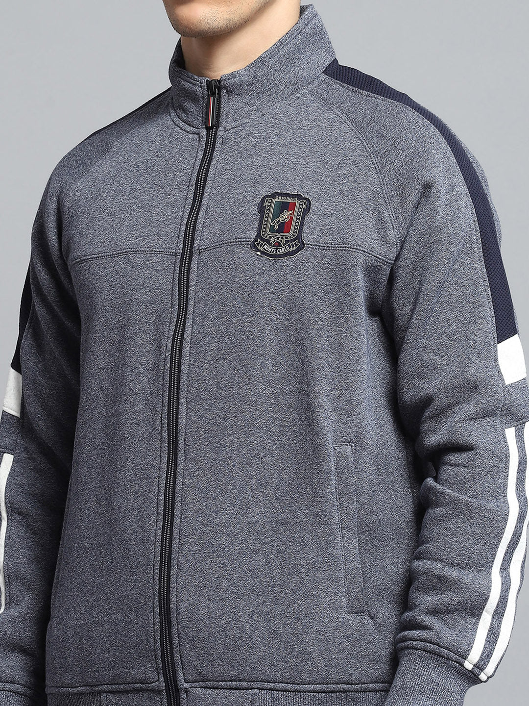 Men Grey Self Design Mock Neck Full Sleeve Winter Tracksuit