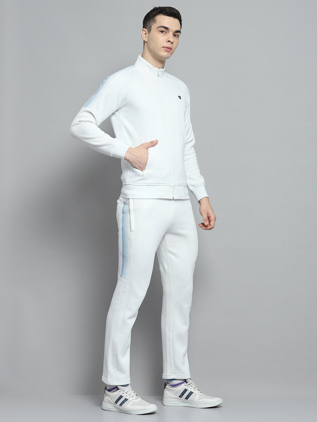 Men Sky Blue Printed Mock Neck Full Sleeve Winter Tracksuit