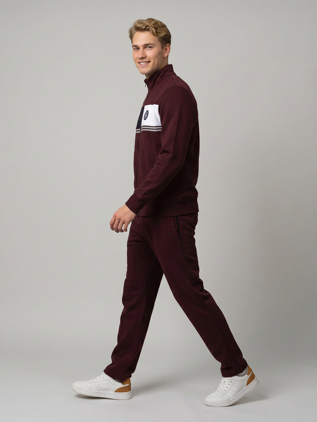 Men Maroon Printed Stand Collar Full Sleeve Winter Tracksuit