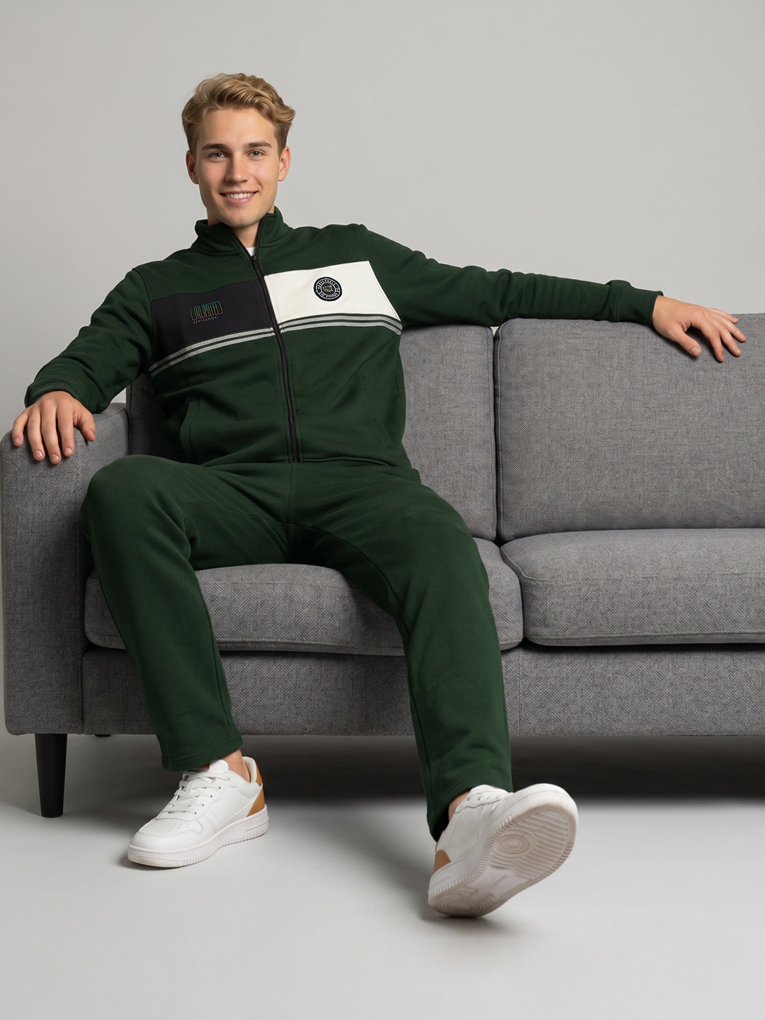 Men Green Printed Stand Collar Full Sleeve Winter Tracksuit