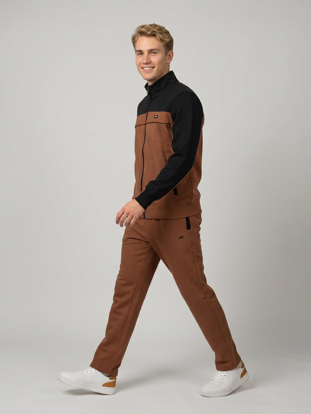 Men Brown Solid Turtle Neck Full Sleeve Winter Tracksuit
