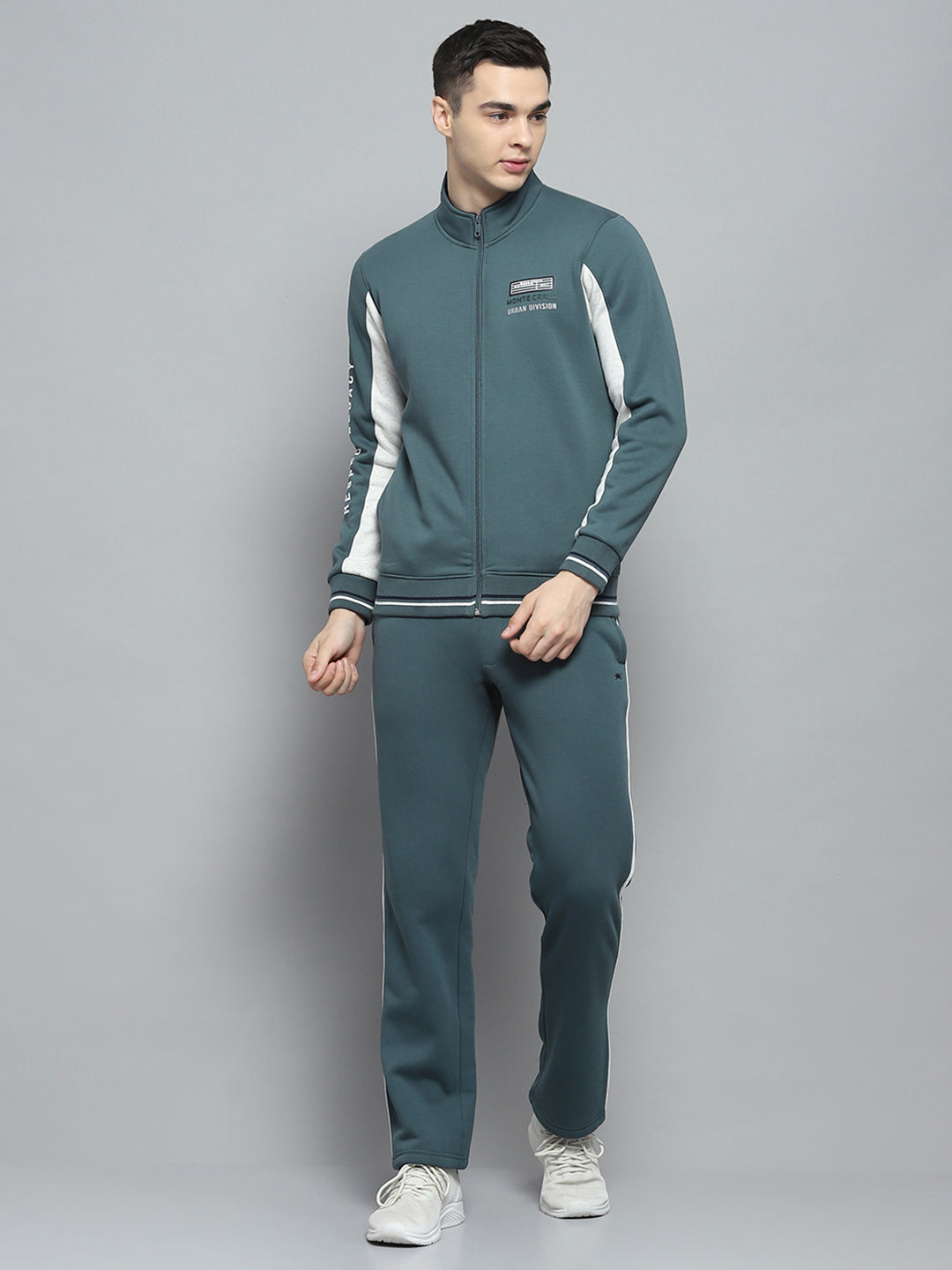 Men Green Printed Mock Neck Full Sleeve Winter Tracksuit