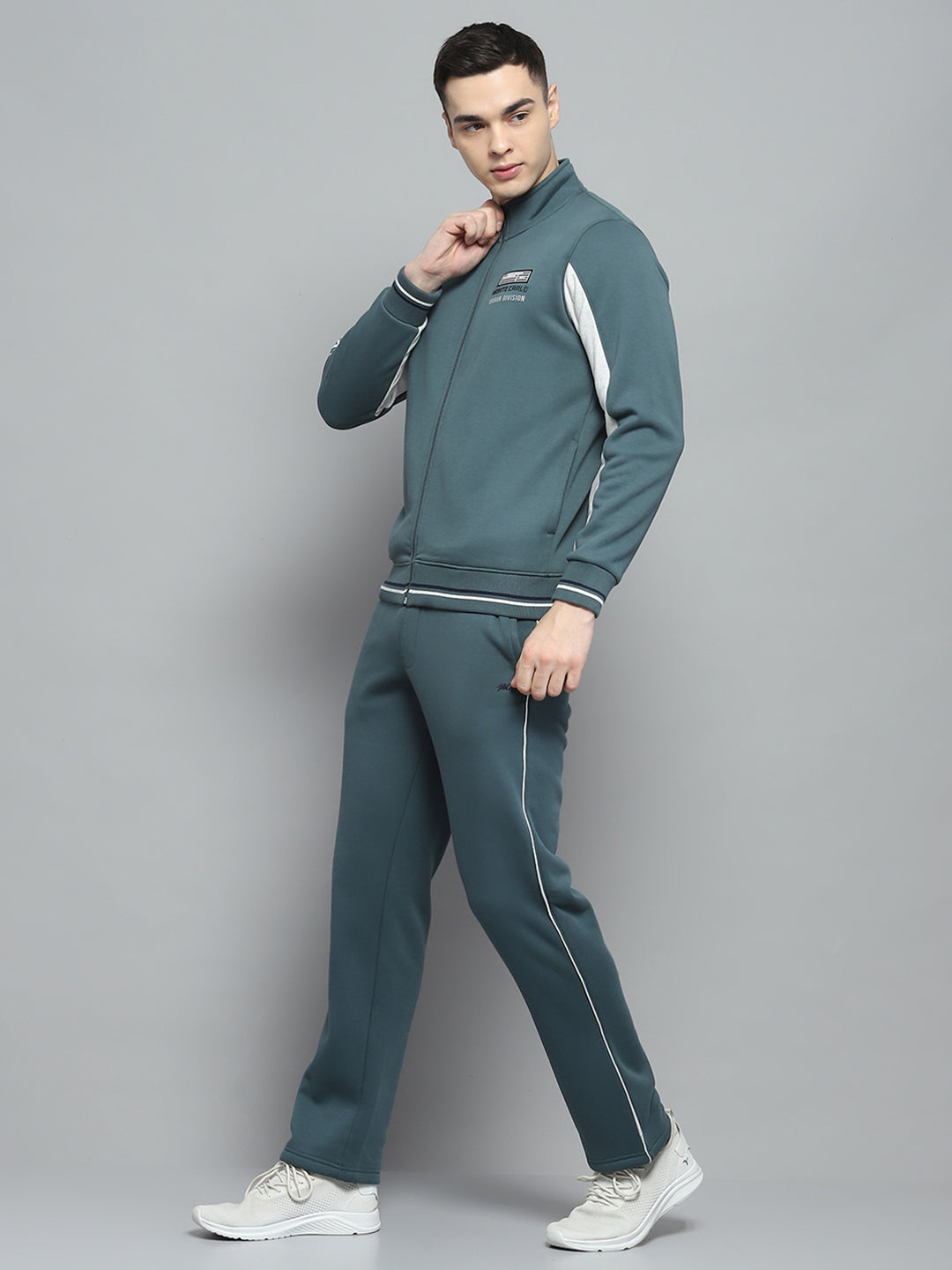 Men Green Printed Mock Neck Full Sleeve Winter Tracksuit