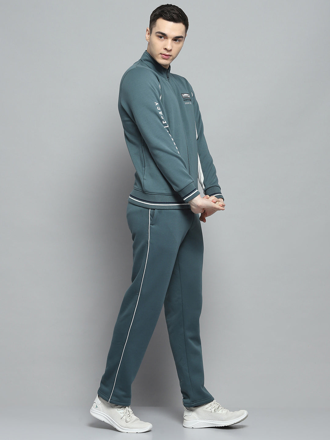 Men Green Printed Mock Neck Full Sleeve Winter Tracksuit