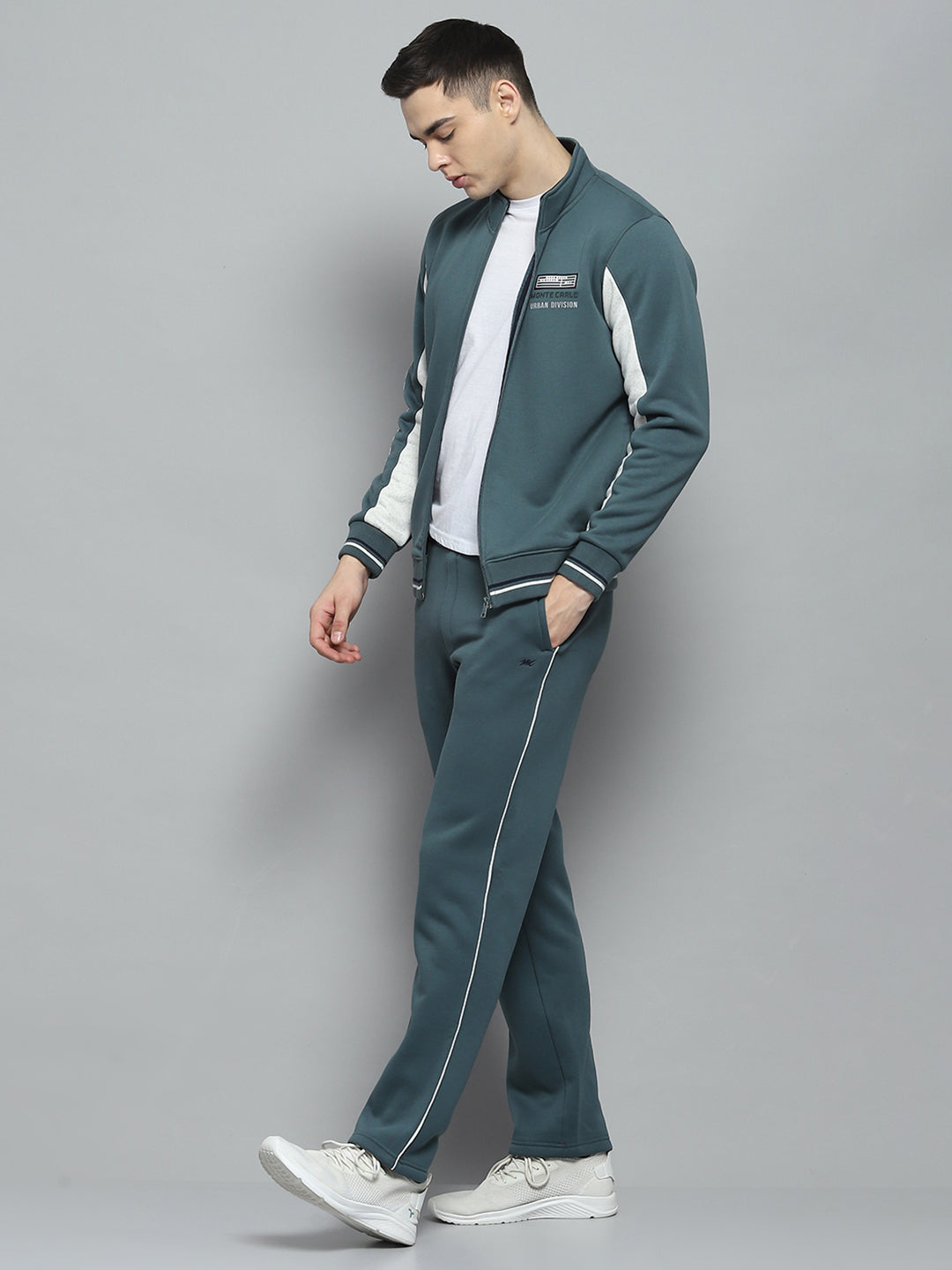 Men Green Printed Mock Neck Full Sleeve Winter Tracksuit