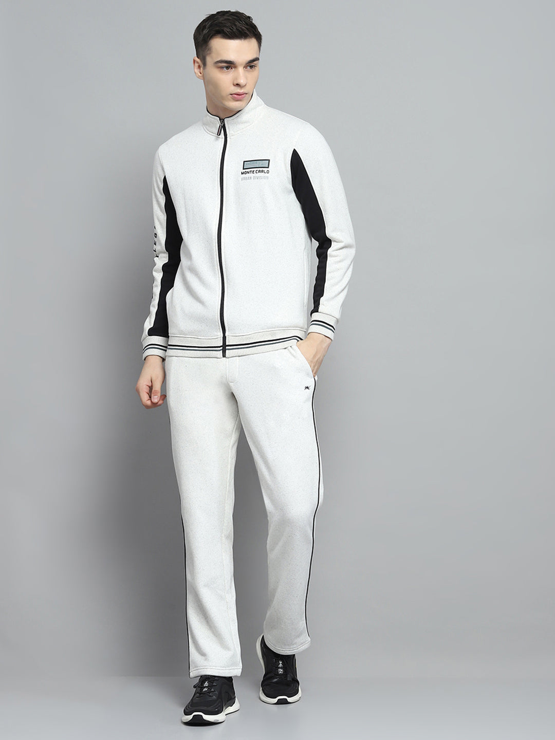 Men White Printed Mock Neck Full Sleeve Winter Tracksuit