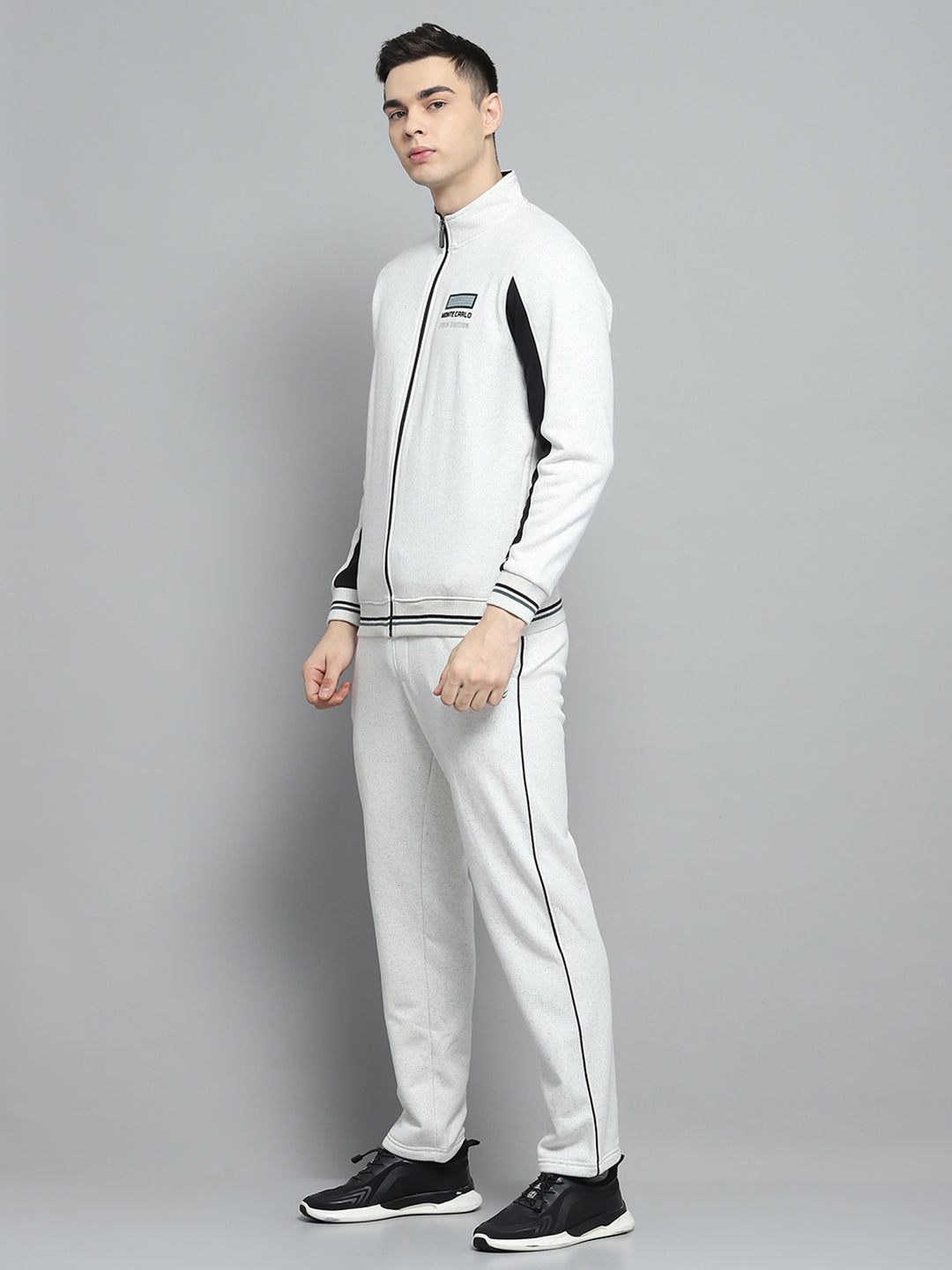 Men White Printed Mock Neck Full Sleeve Winter Tracksuit