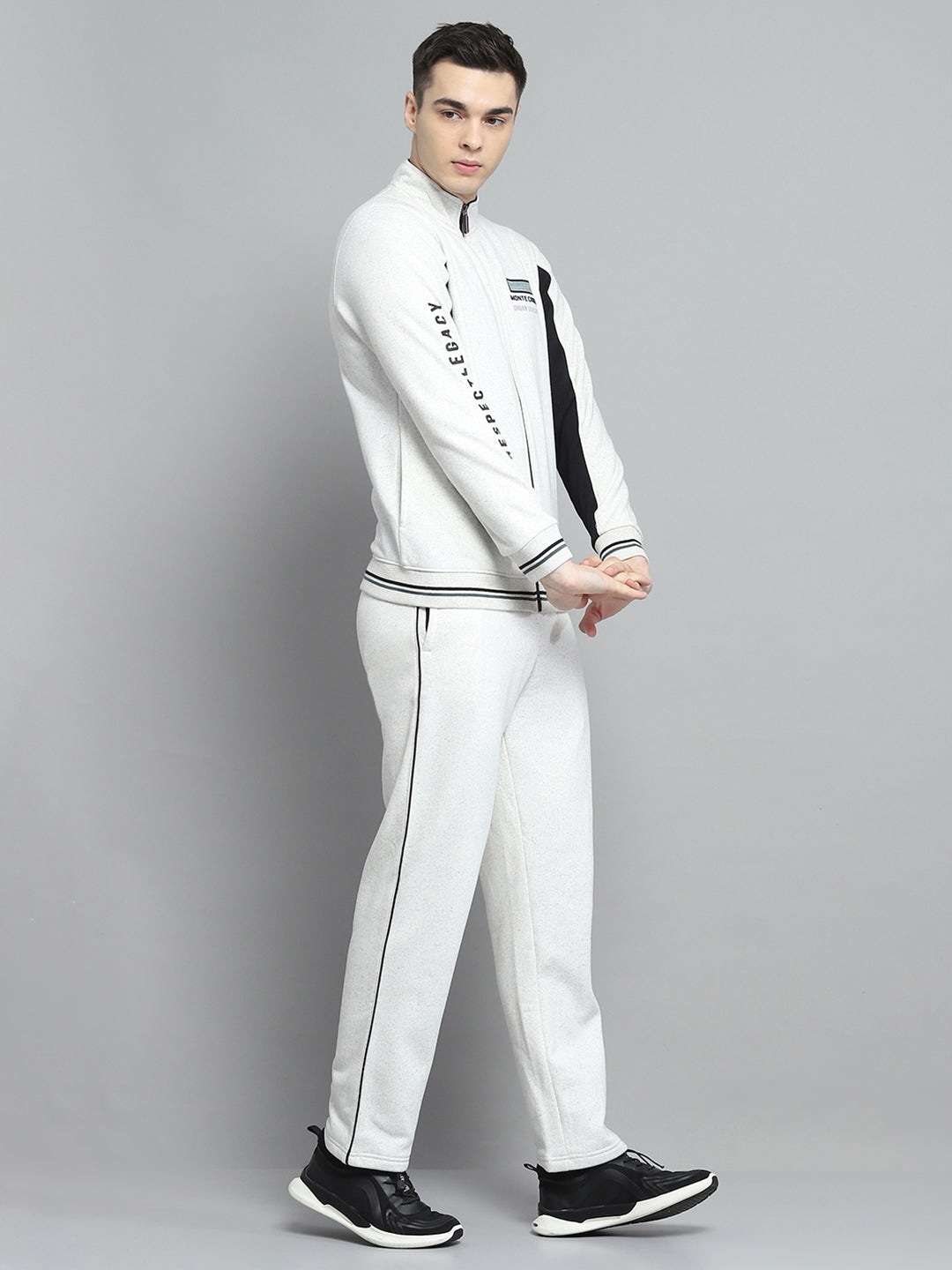 Men White Printed Mock Neck Full Sleeve Winter Tracksuit