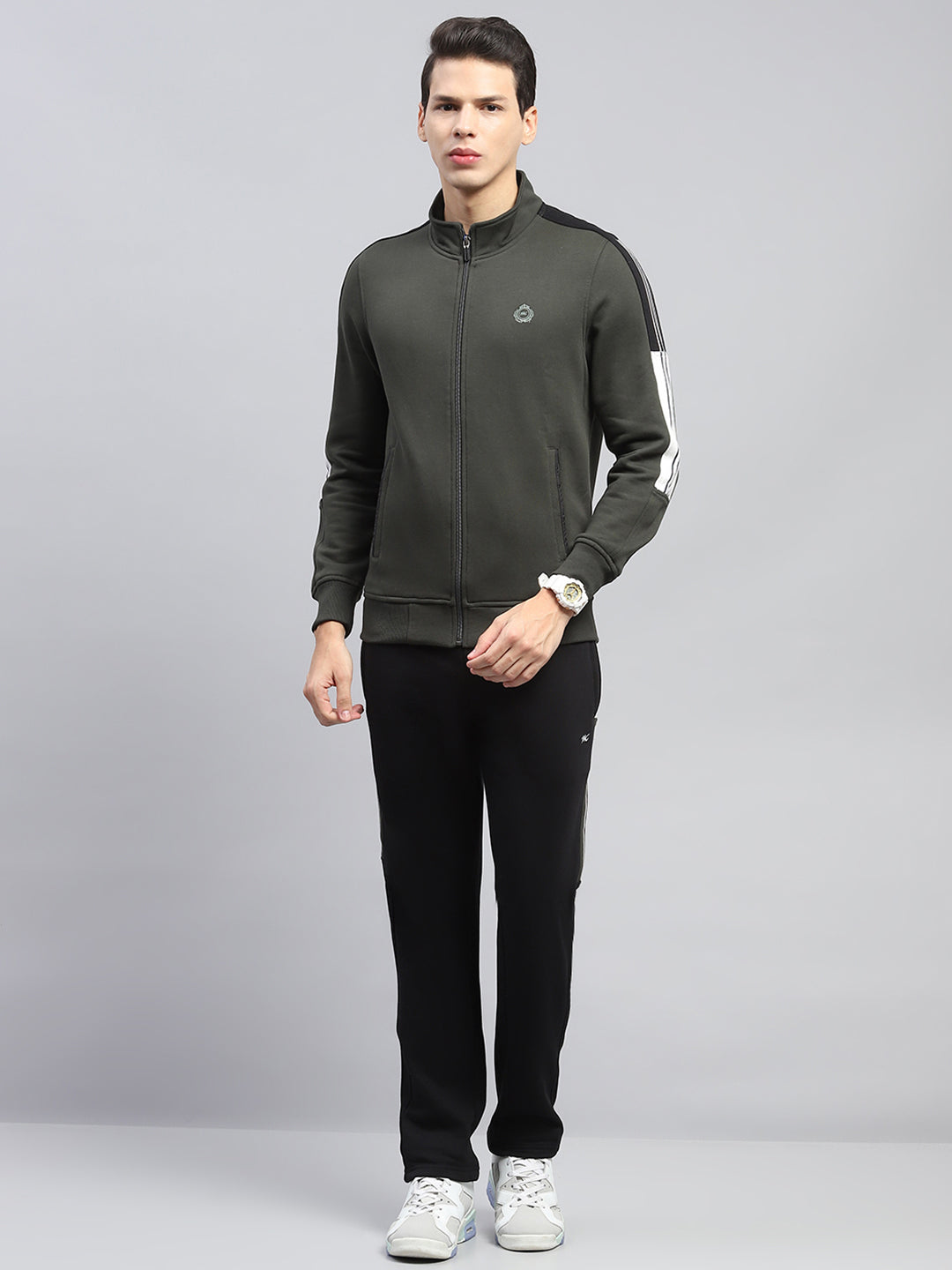 Men Olive Printed Mock Neck Full Sleeve Winter Tracksuit