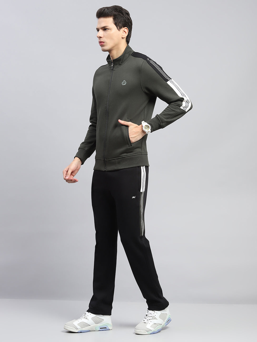 Men Olive Printed Mock Neck Full Sleeve Winter Tracksuit