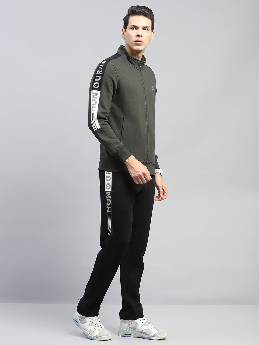 Men Olive Printed Mock Neck Full Sleeve Winter Tracksuit