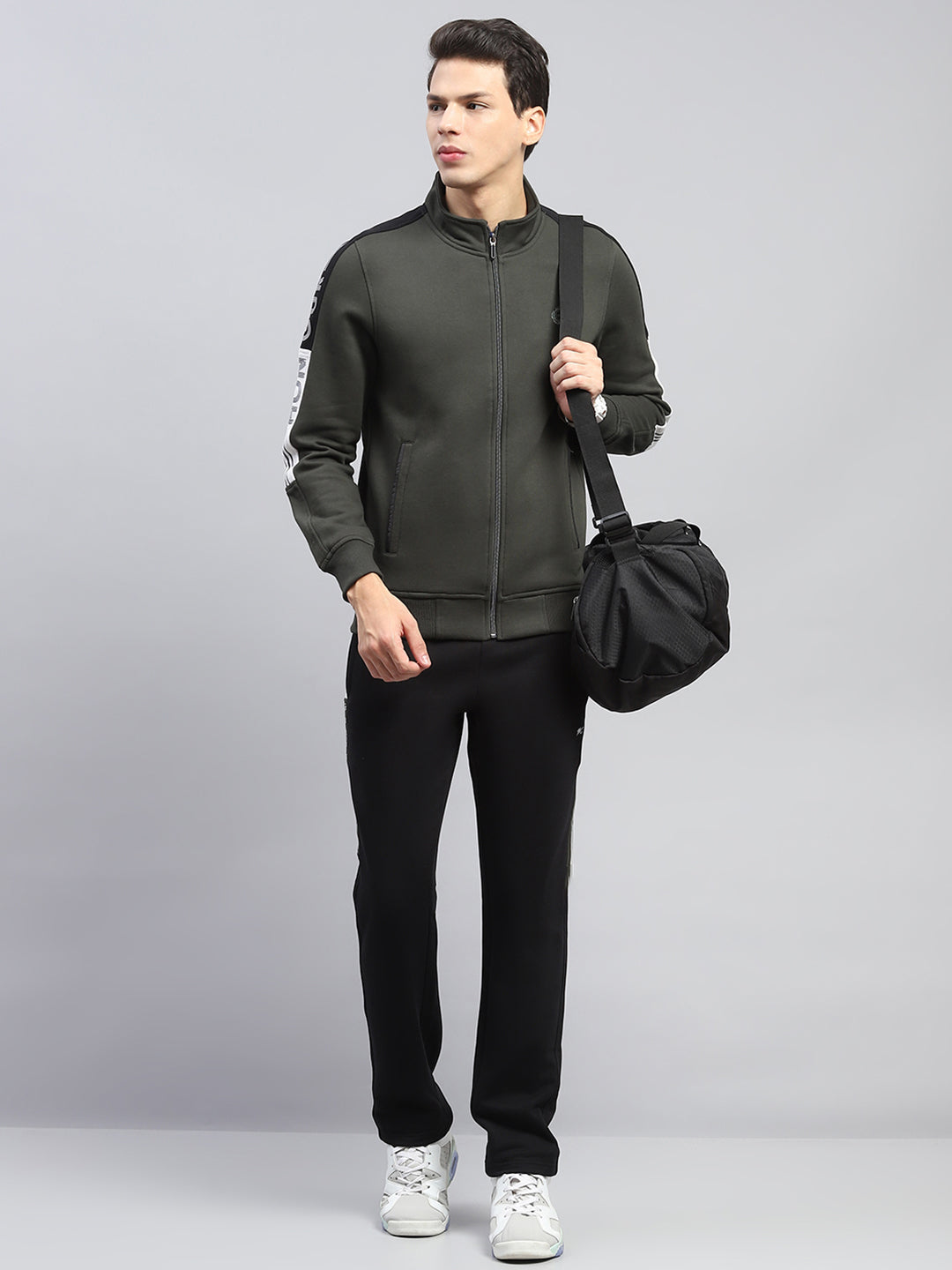 Men Olive Printed Mock Neck Full Sleeve Winter Tracksuit