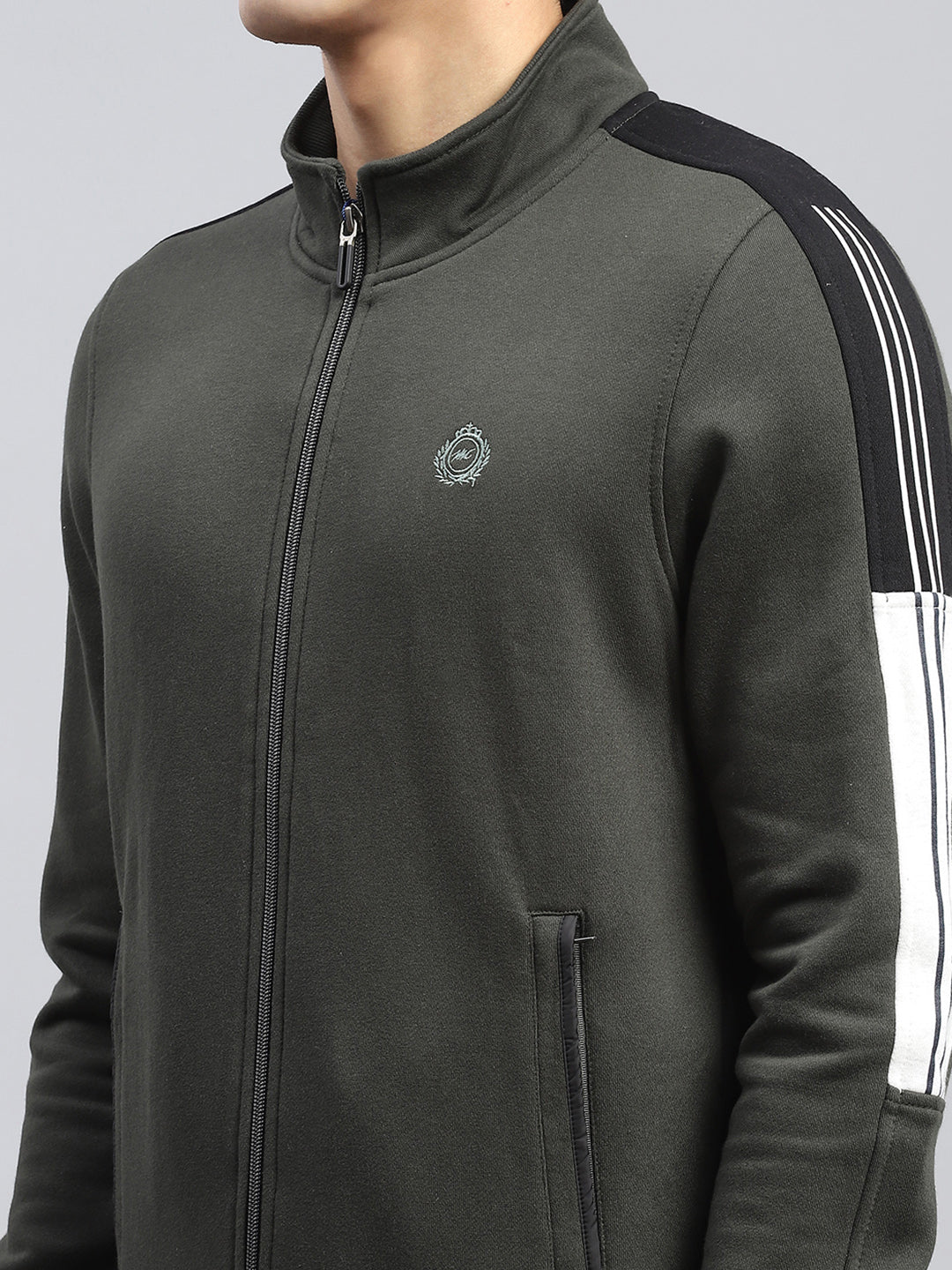 Men Olive Printed Mock Neck Full Sleeve Winter Tracksuit