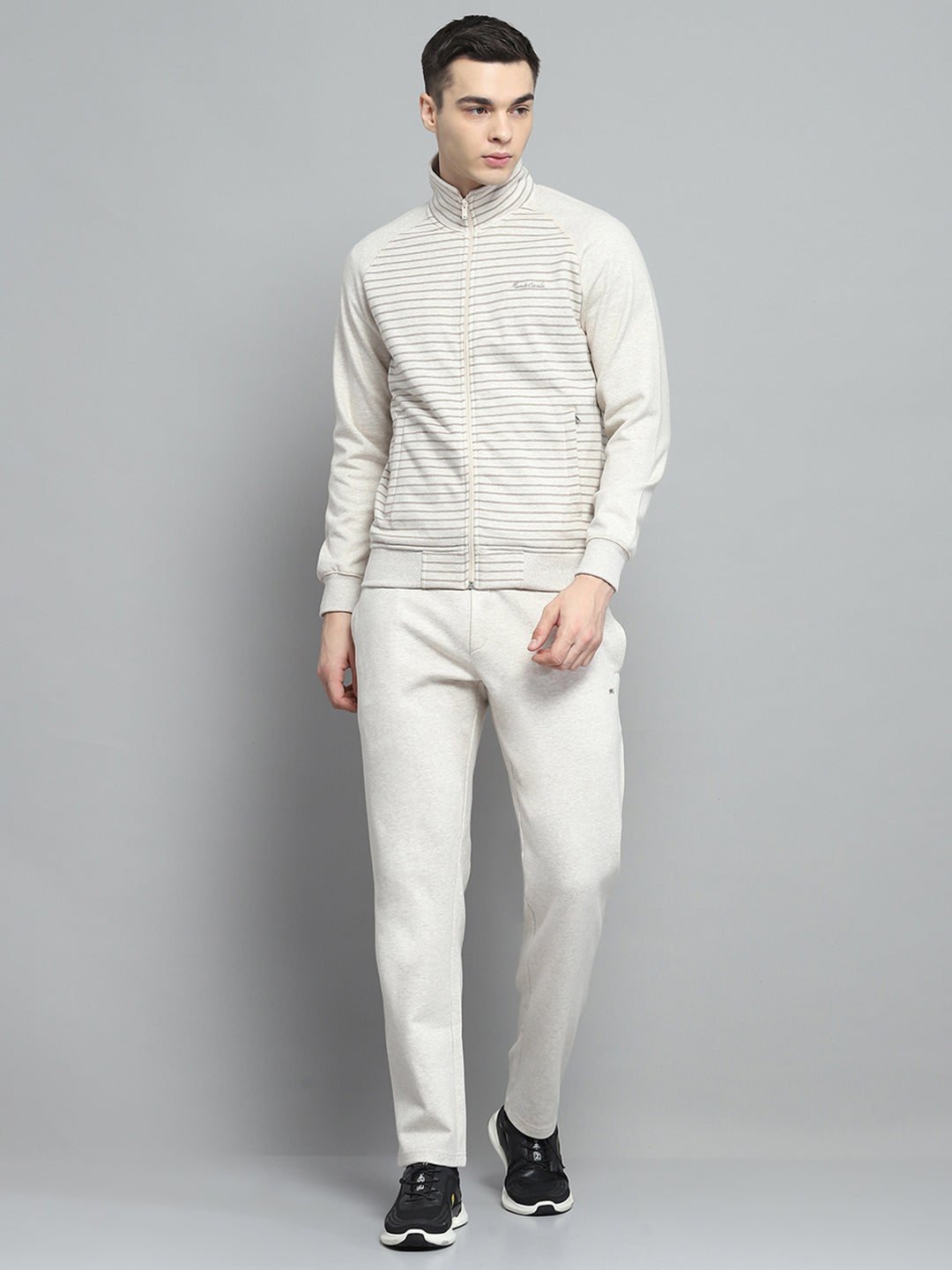Men Beige Printed Mock Neck Full Sleeve Winter Tracksuit