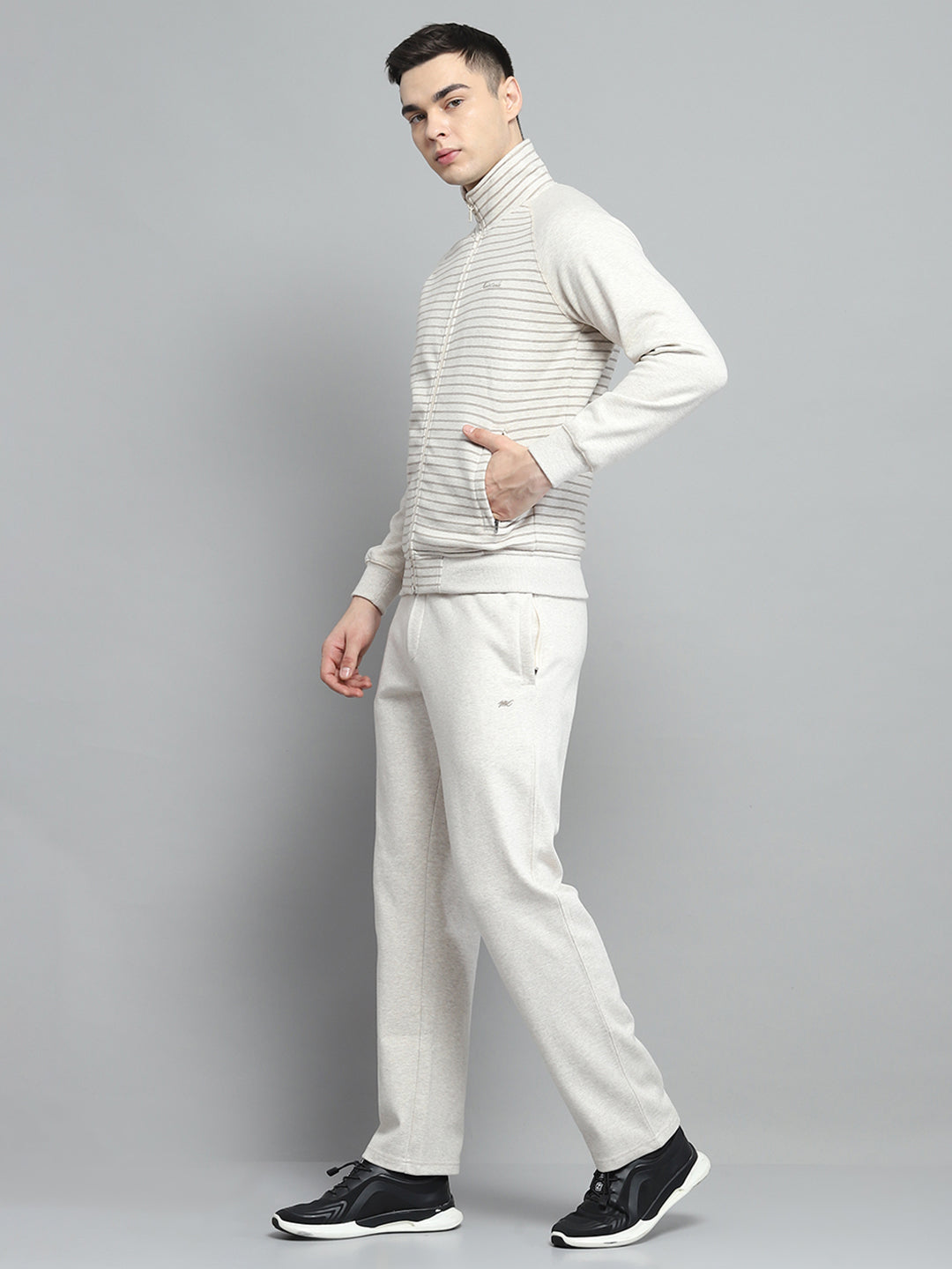 Men Beige Printed Mock Neck Full Sleeve Winter Tracksuit