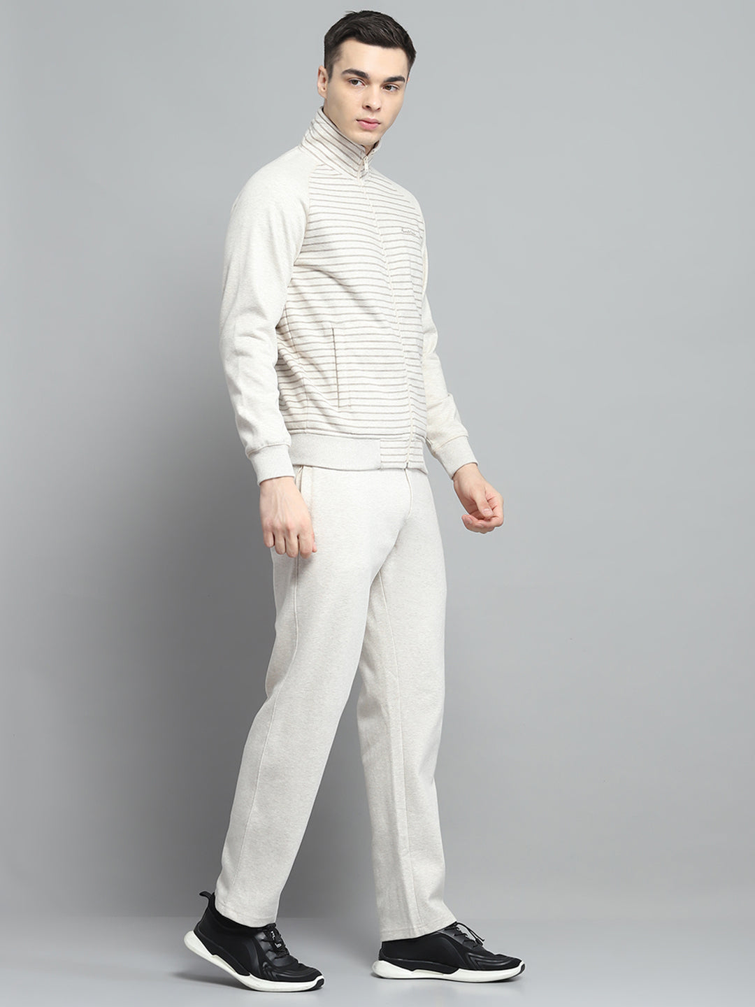 Men Beige Printed Mock Neck Full Sleeve Winter Tracksuit