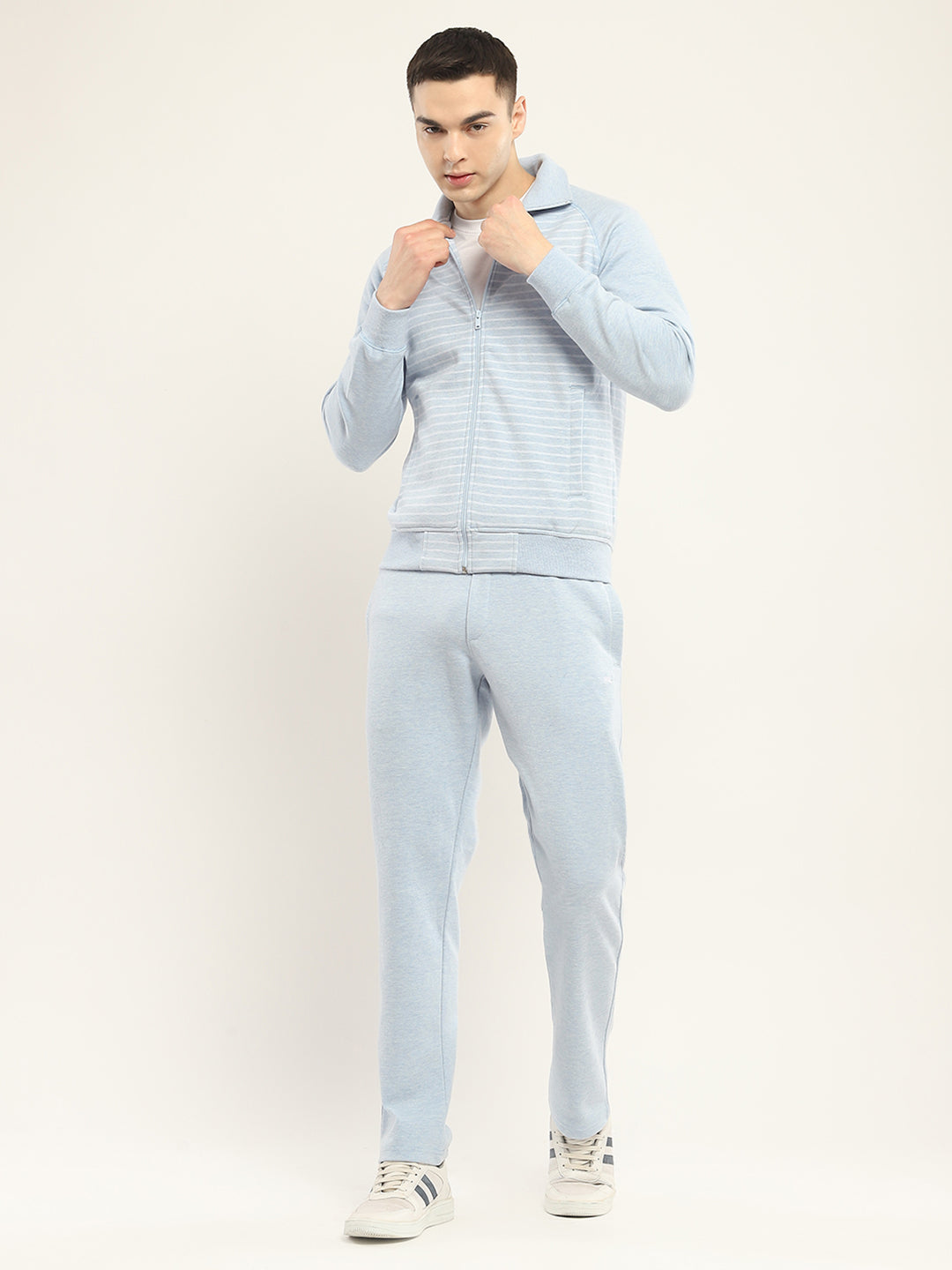 Men Blue Self Design Collar Full Sleeve Winter Tracksuit