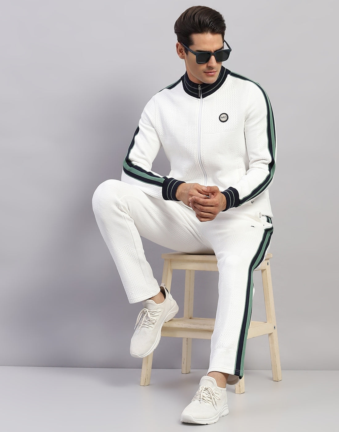 Buy Men White Self Design Mock Neck Full Sleeve Winter Tracksuit