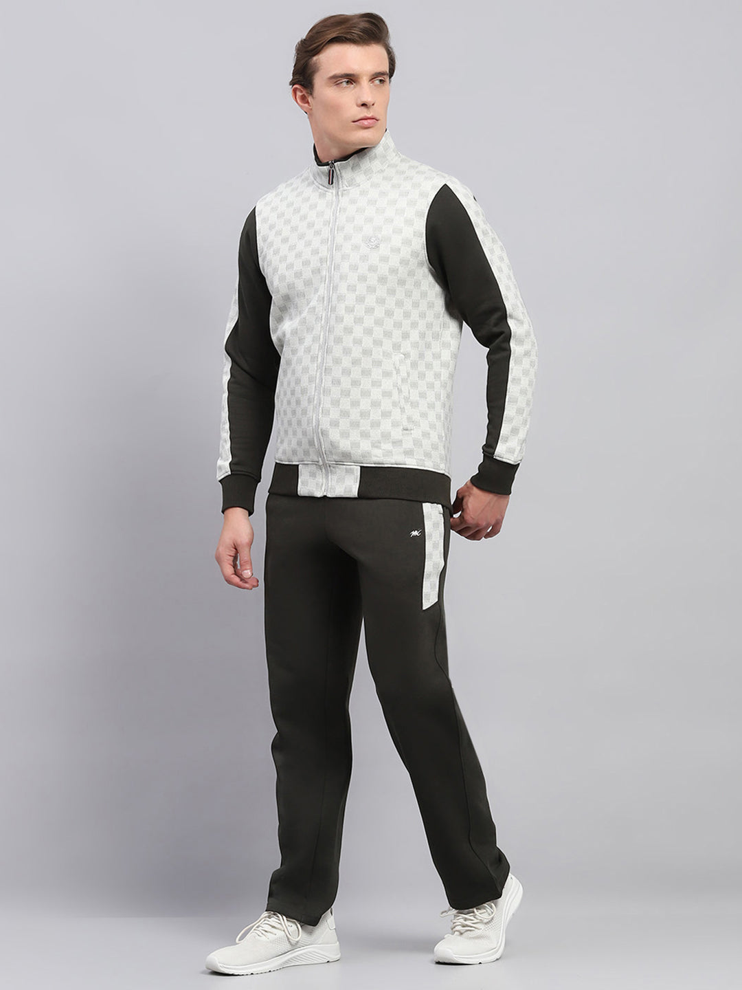 Men Olive Printed Mock Neck Full Sleeve Winter Tracksuit