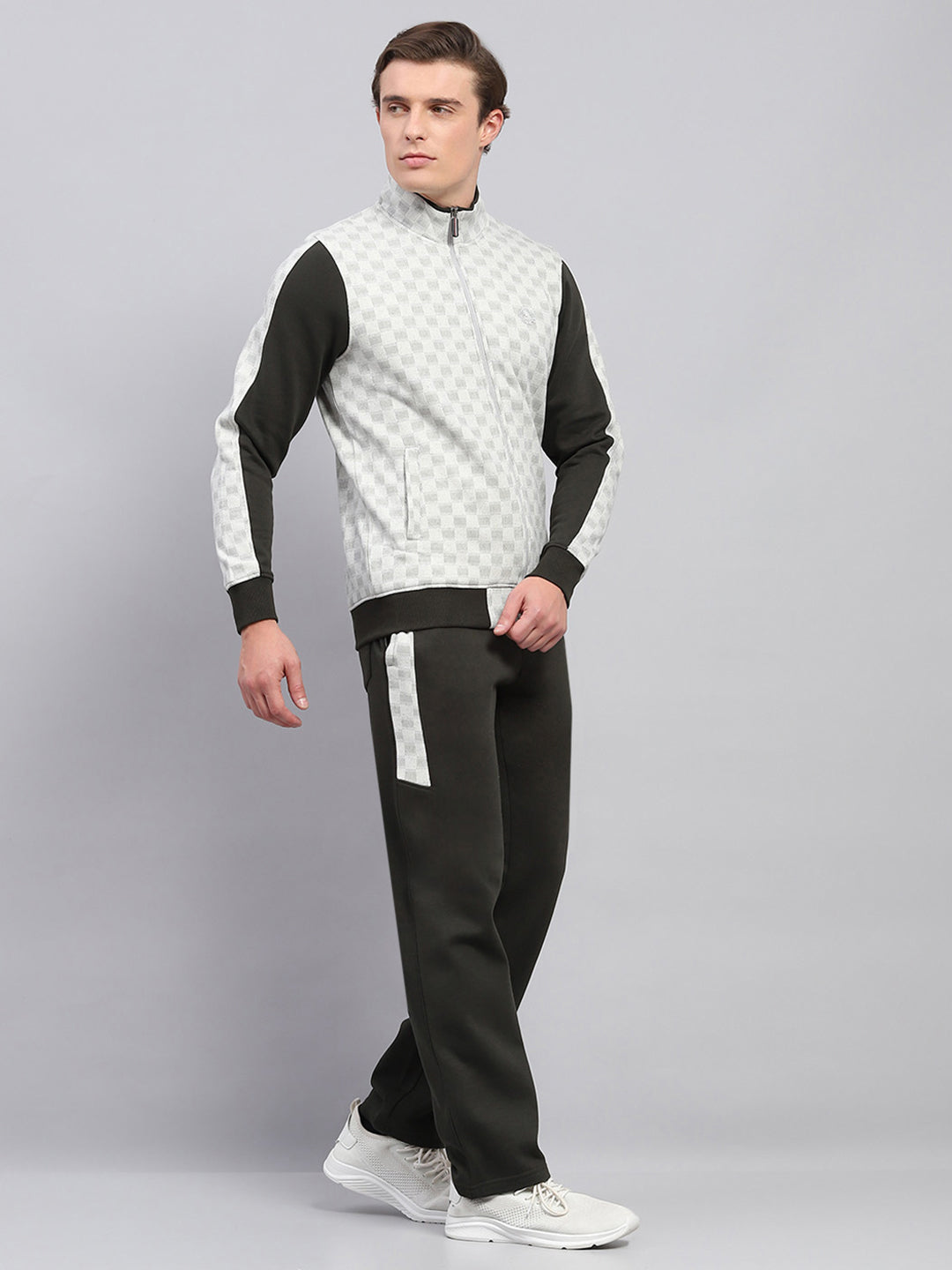 Men Olive Printed Mock Neck Full Sleeve Winter Tracksuit