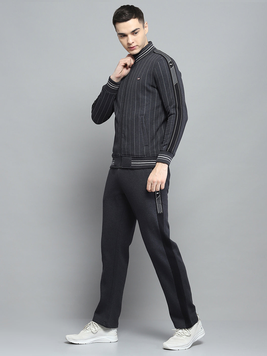 Men Black Printed Mock Neck Full Sleeve Winter Tracksuit