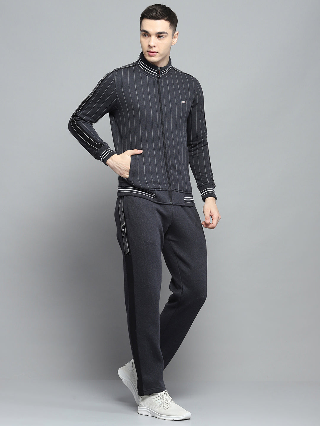 Men Black Printed Mock Neck Full Sleeve Winter Tracksuit