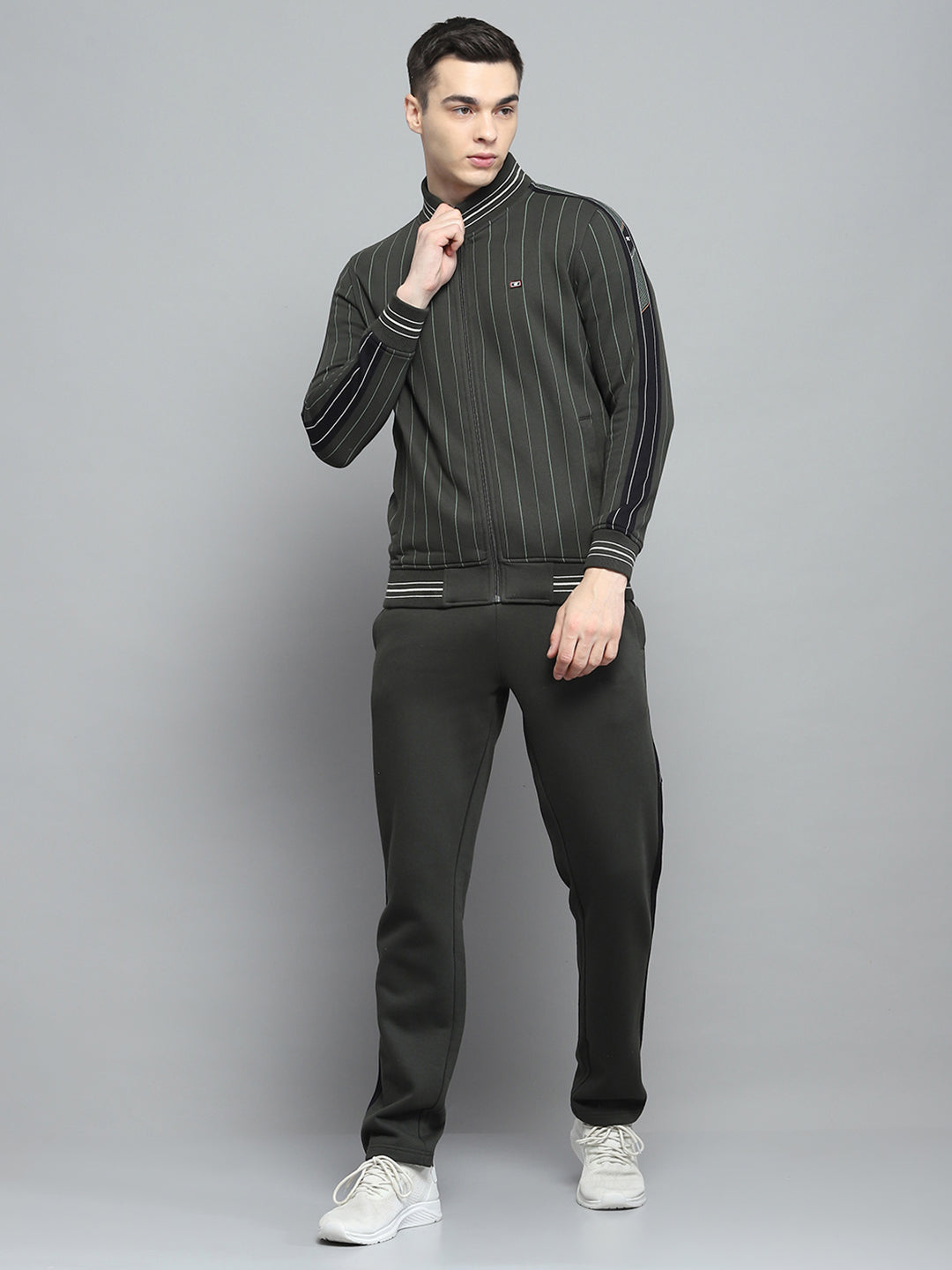 Men Olive Printed Mock Neck Full Sleeve Winter Tracksuit