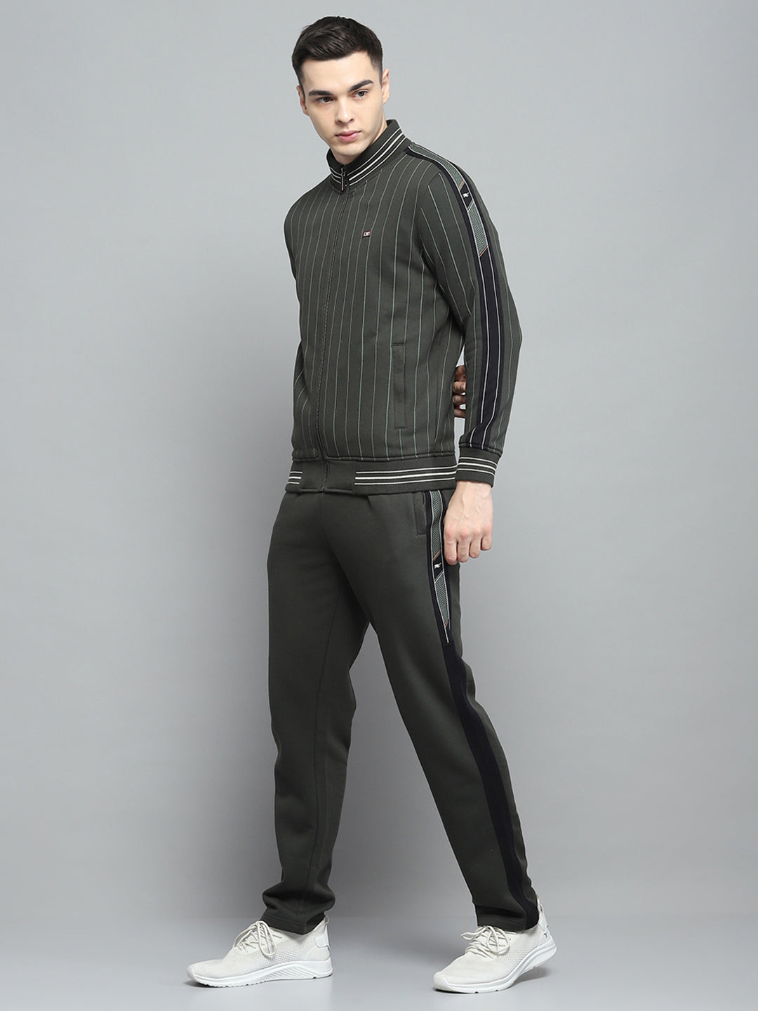 Men Olive Printed Mock Neck Full Sleeve Winter Tracksuit