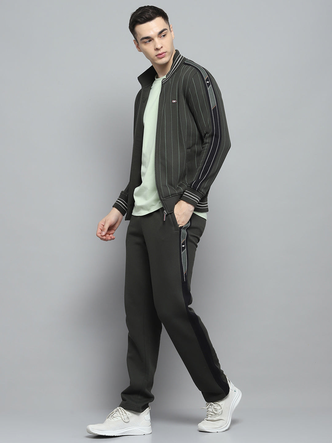 Men Olive Printed Mock Neck Full Sleeve Winter Tracksuit