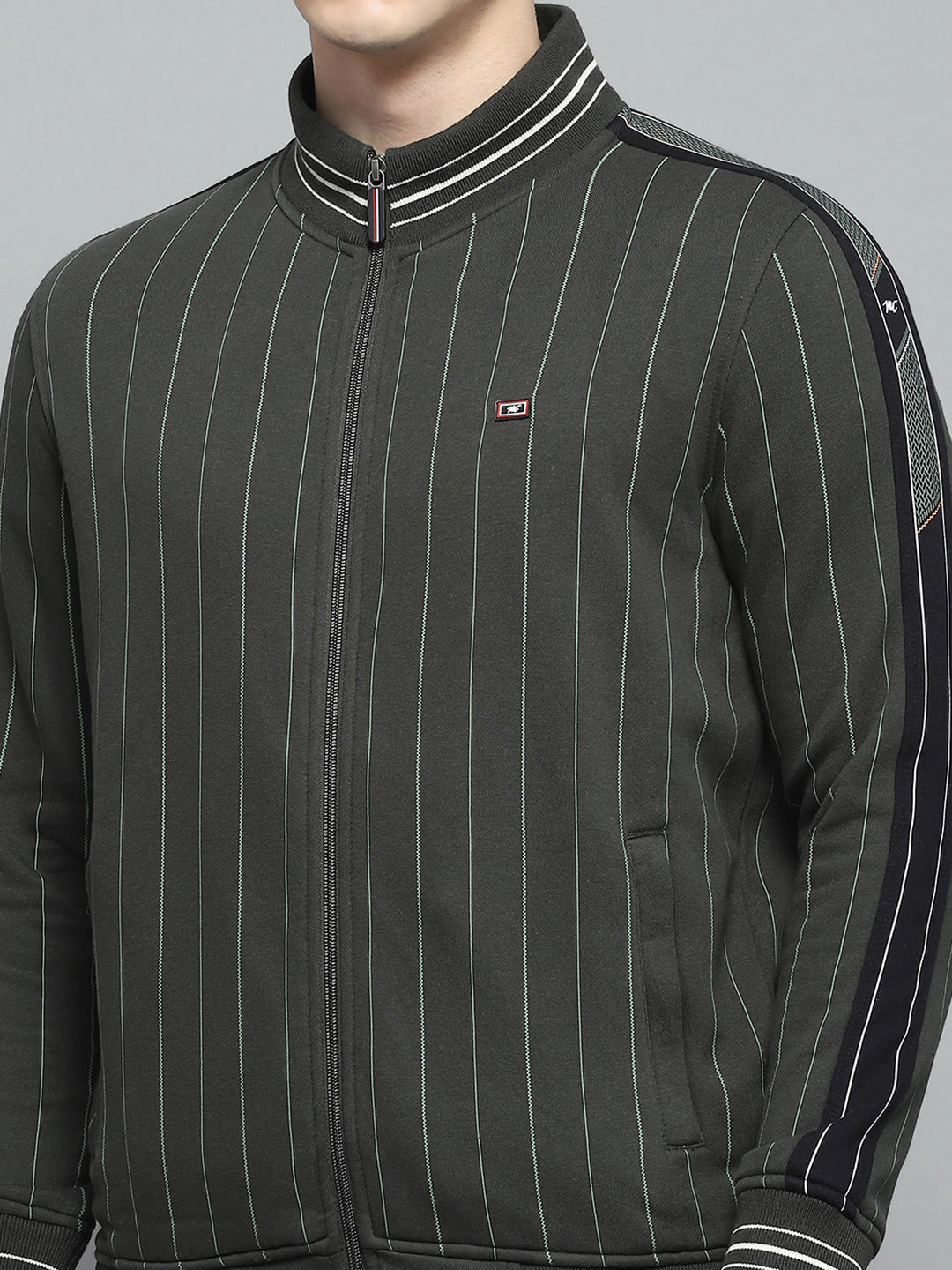 Men Olive Printed Mock Neck Full Sleeve Winter Tracksuit