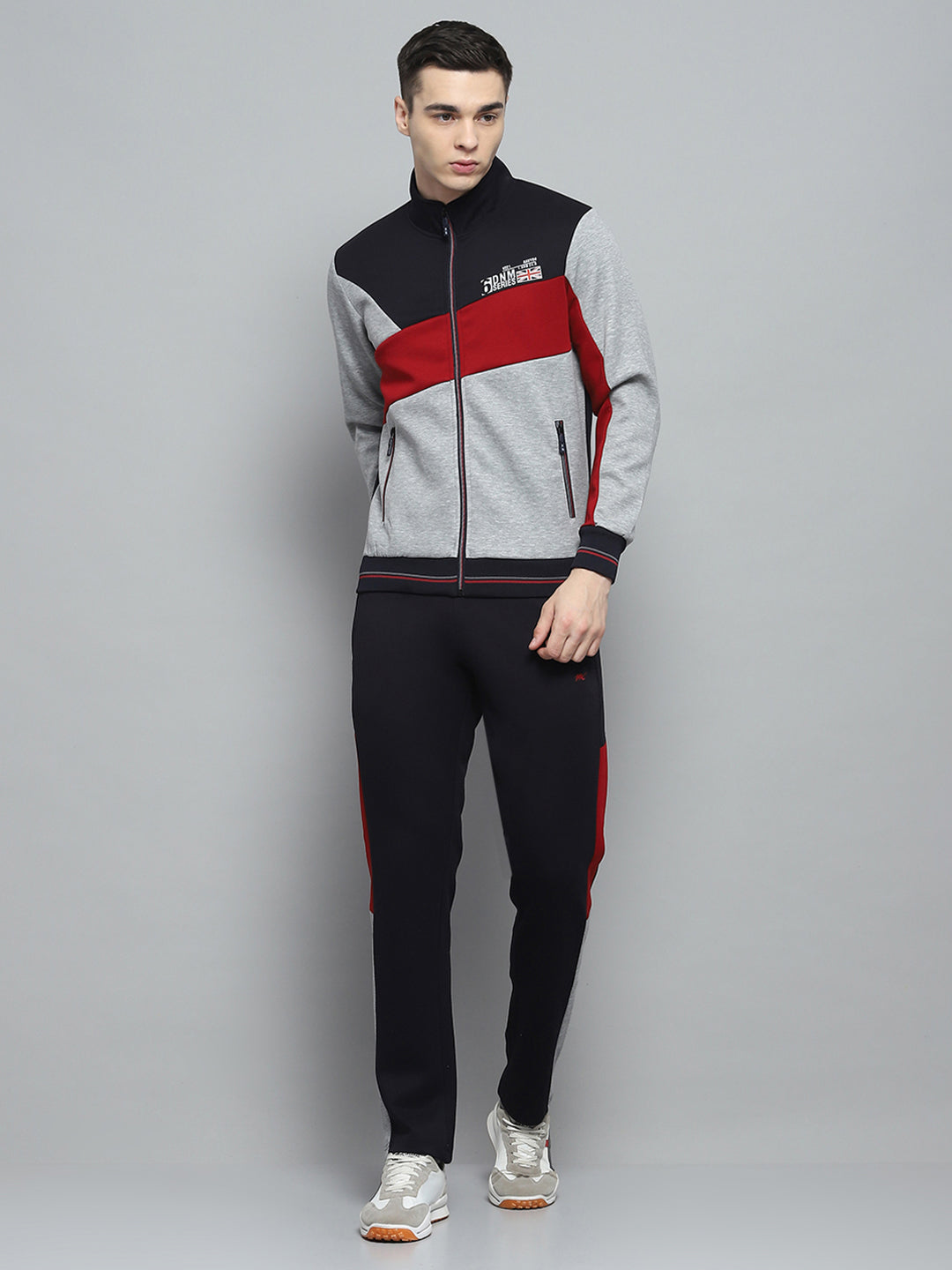 Men Navy Blue & Grey Printed Mock Neck Full Sleeve Winter Tracksuit