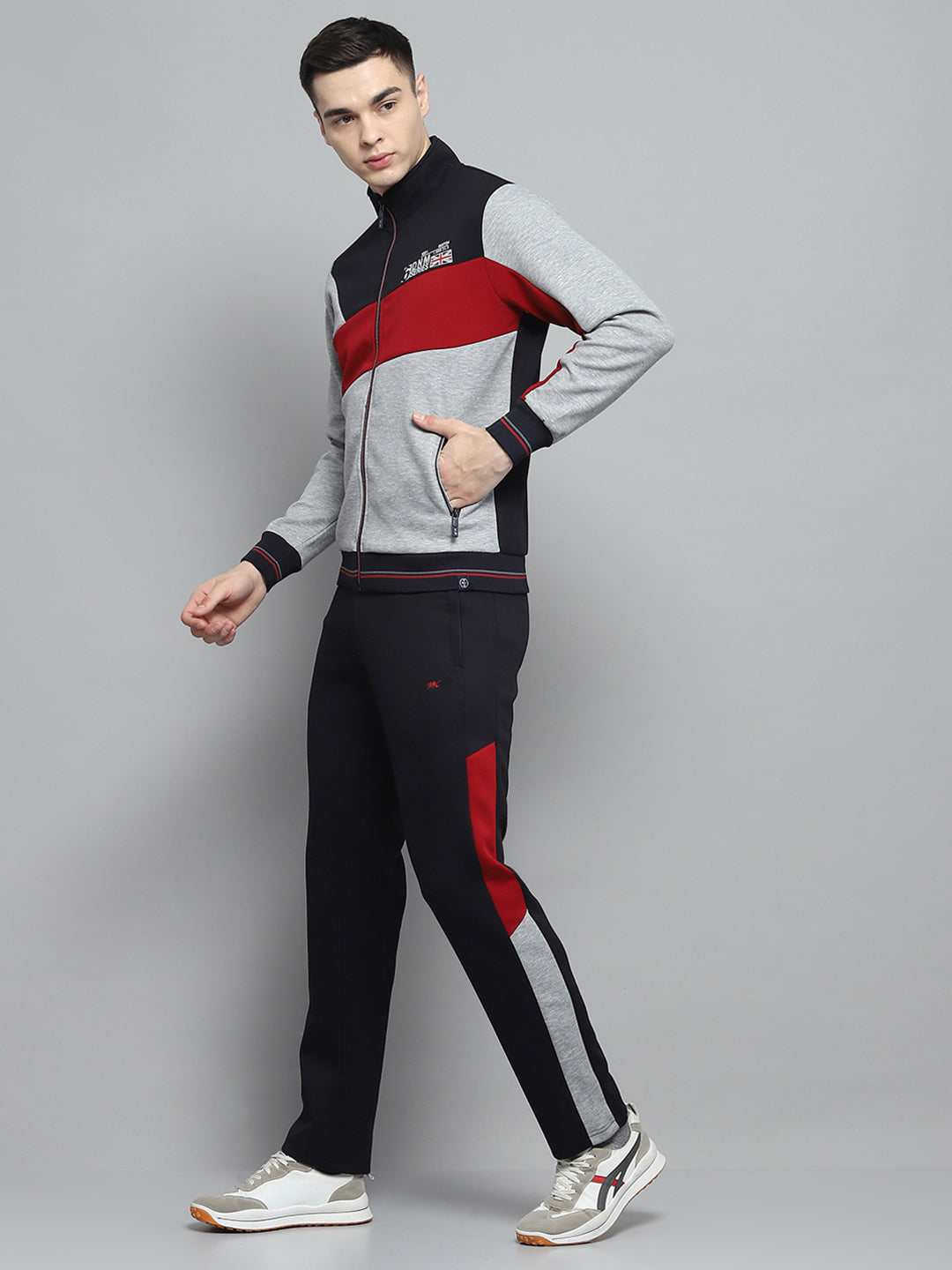 Men Navy Blue & Grey Printed Mock Neck Full Sleeve Winter Tracksuit