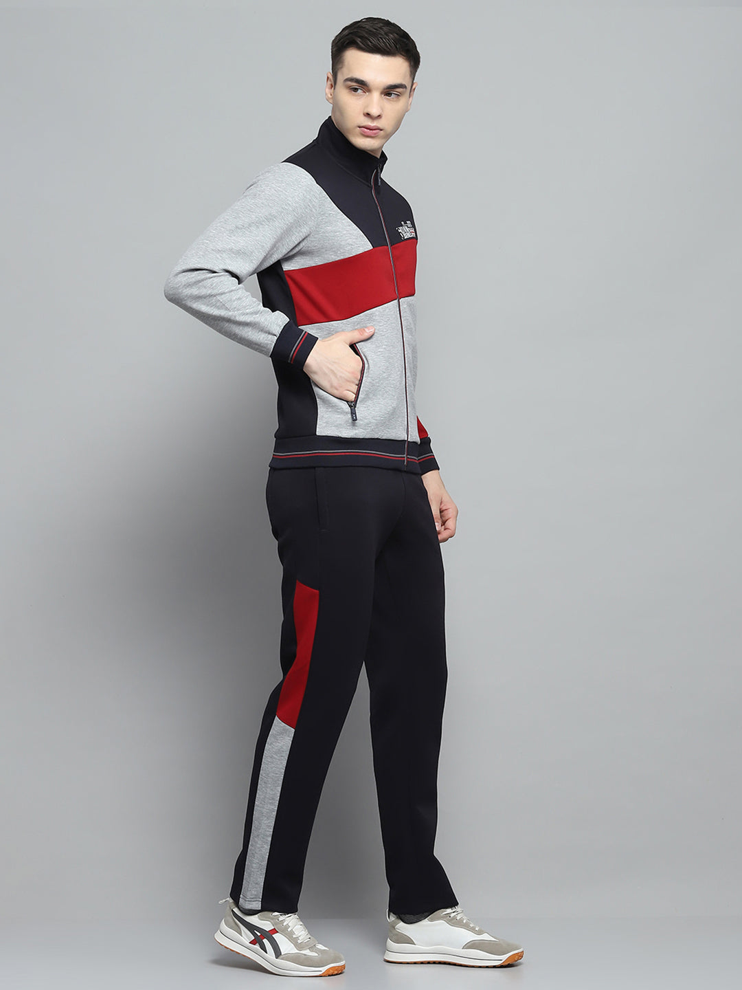 Men Navy Blue & Grey Printed Mock Neck Full Sleeve Winter Tracksuit