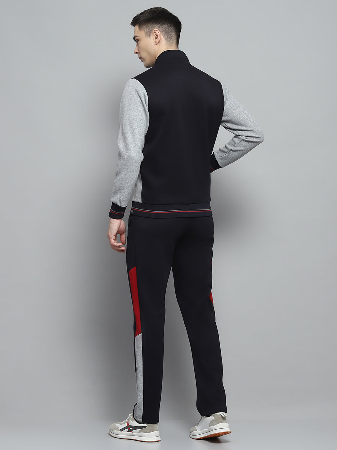 Men Navy Blue & Grey Printed Mock Neck Full Sleeve Winter Tracksuit