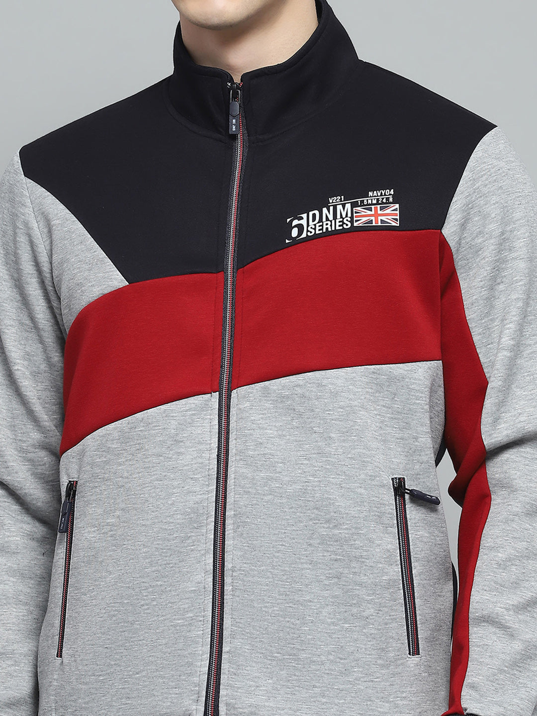 Men Navy Blue & Grey Printed Mock Neck Full Sleeve Winter Tracksuit