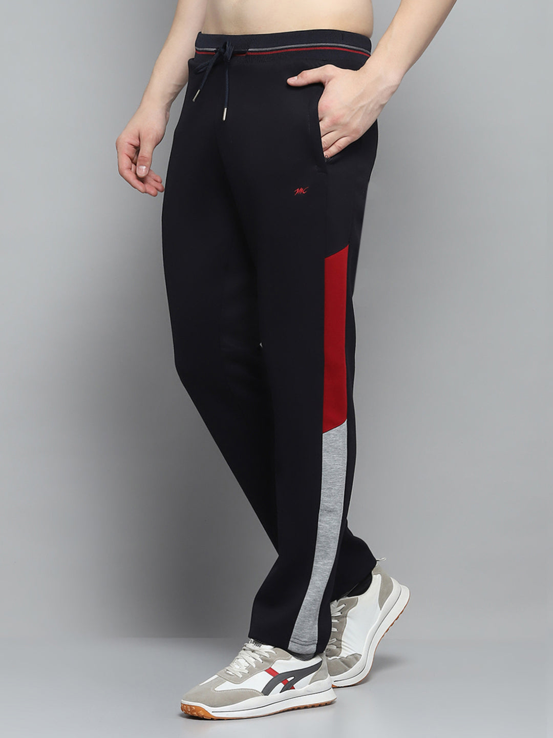 Men Navy Blue & Grey Printed Mock Neck Full Sleeve Winter Tracksuit