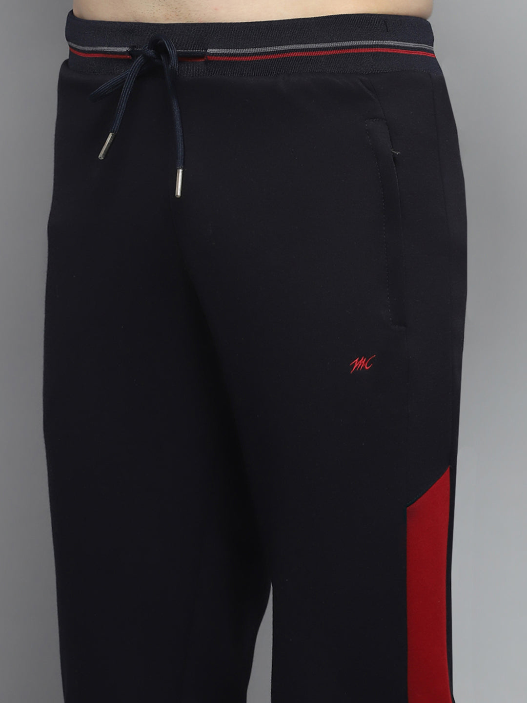 Men Navy Blue & Grey Printed Mock Neck Full Sleeve Winter Tracksuit