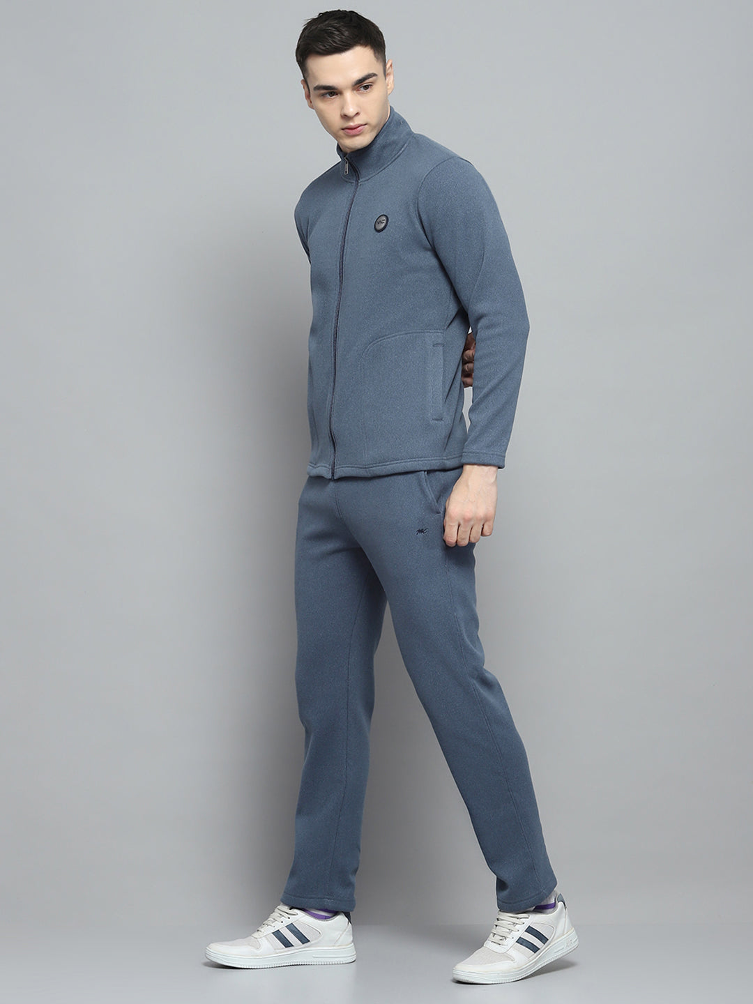 Men Blue Solid Mock Neck Full Sleeve Winter Tracksuit