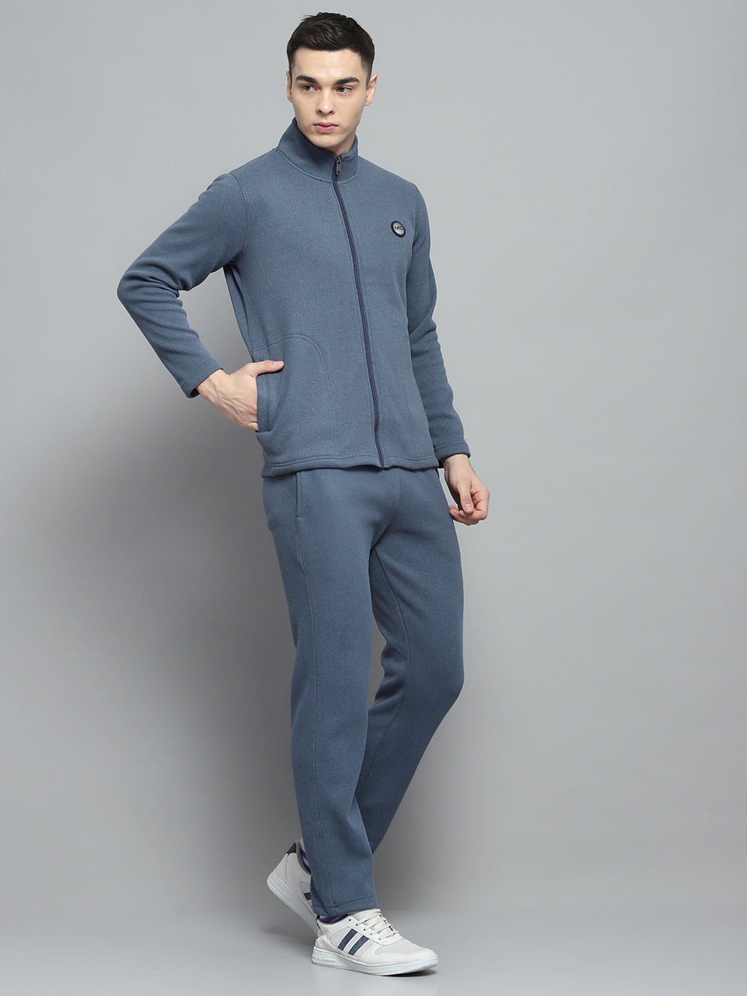 Men Blue Solid Mock Neck Full Sleeve Winter Tracksuit