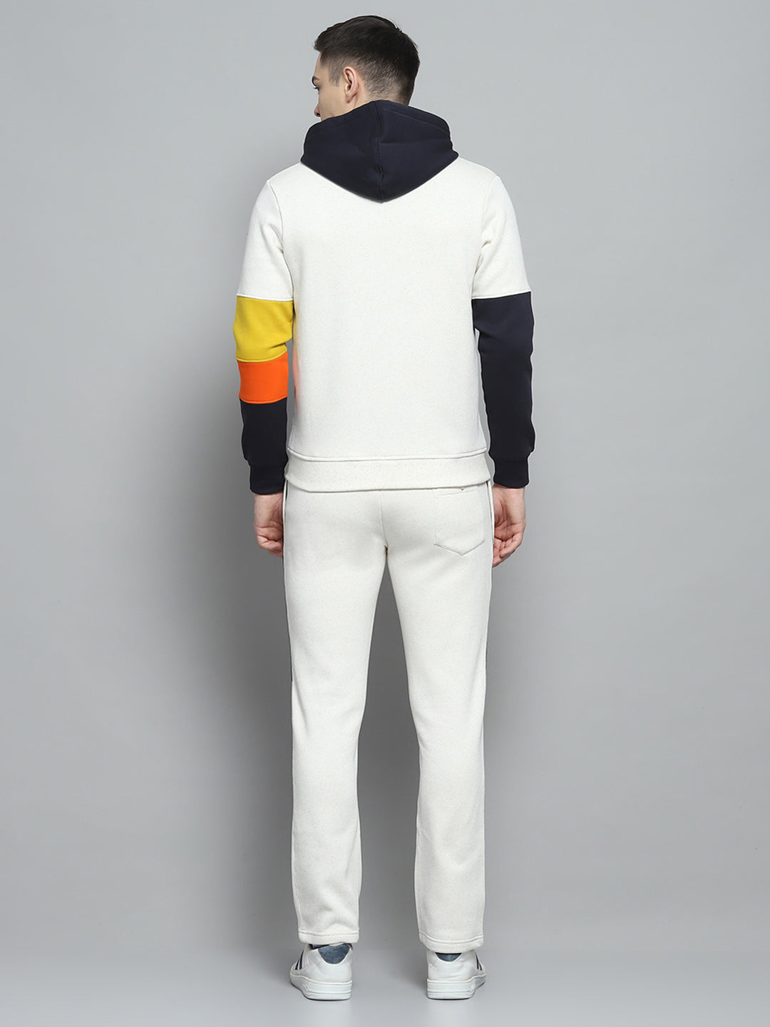 Men Off White & Navy Blue Printed Hooded Full Sleeve Winter Tracksuit