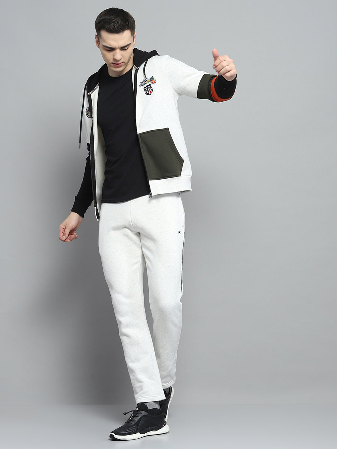 Men Off White & Black Printed Hooded Full Sleeve Winter Tracksuit