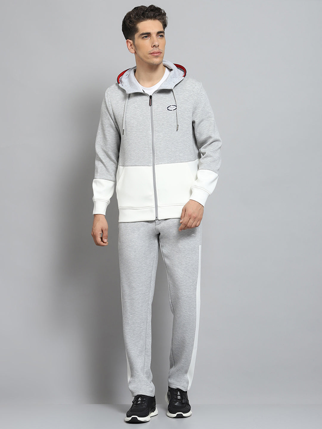 Men Grey Self Design Hooded Full Sleeve Winter Tracksuit
