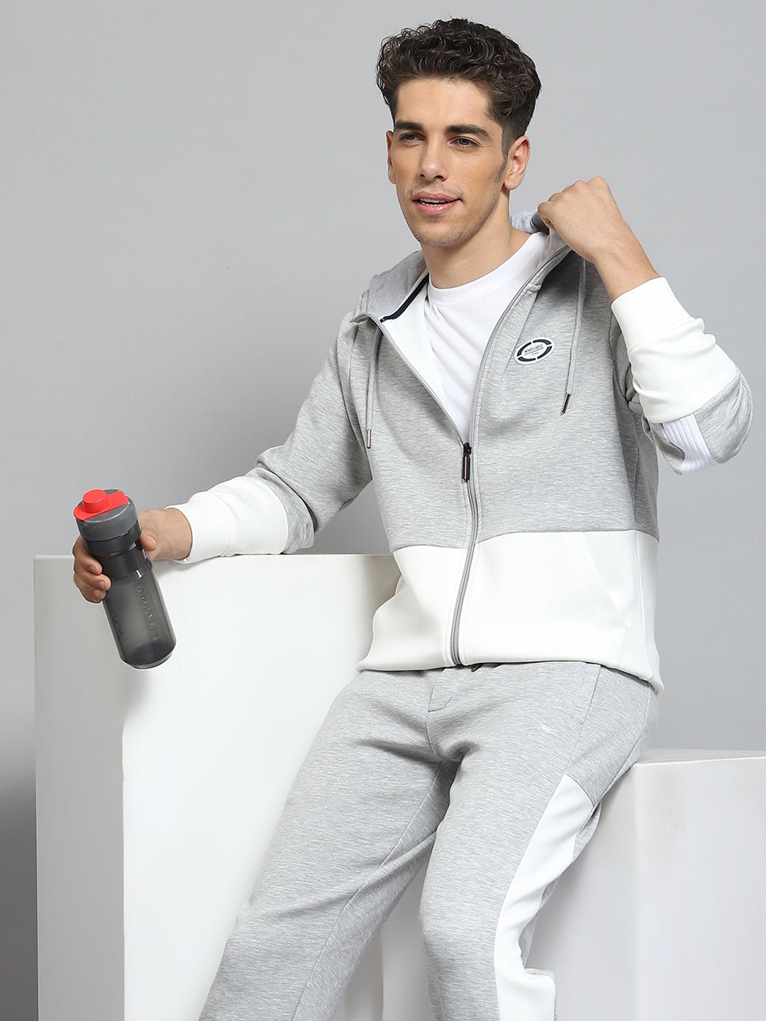 Men Grey Self Design Hooded Full Sleeve Winter Tracksuit