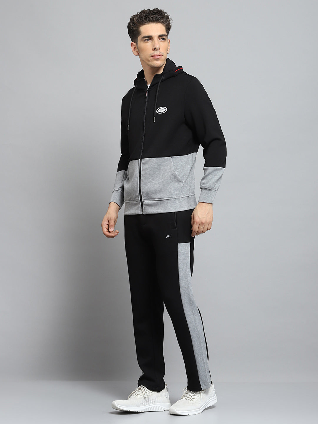 Men Black Self Design Hooded Full Sleeve Winter Tracksuit