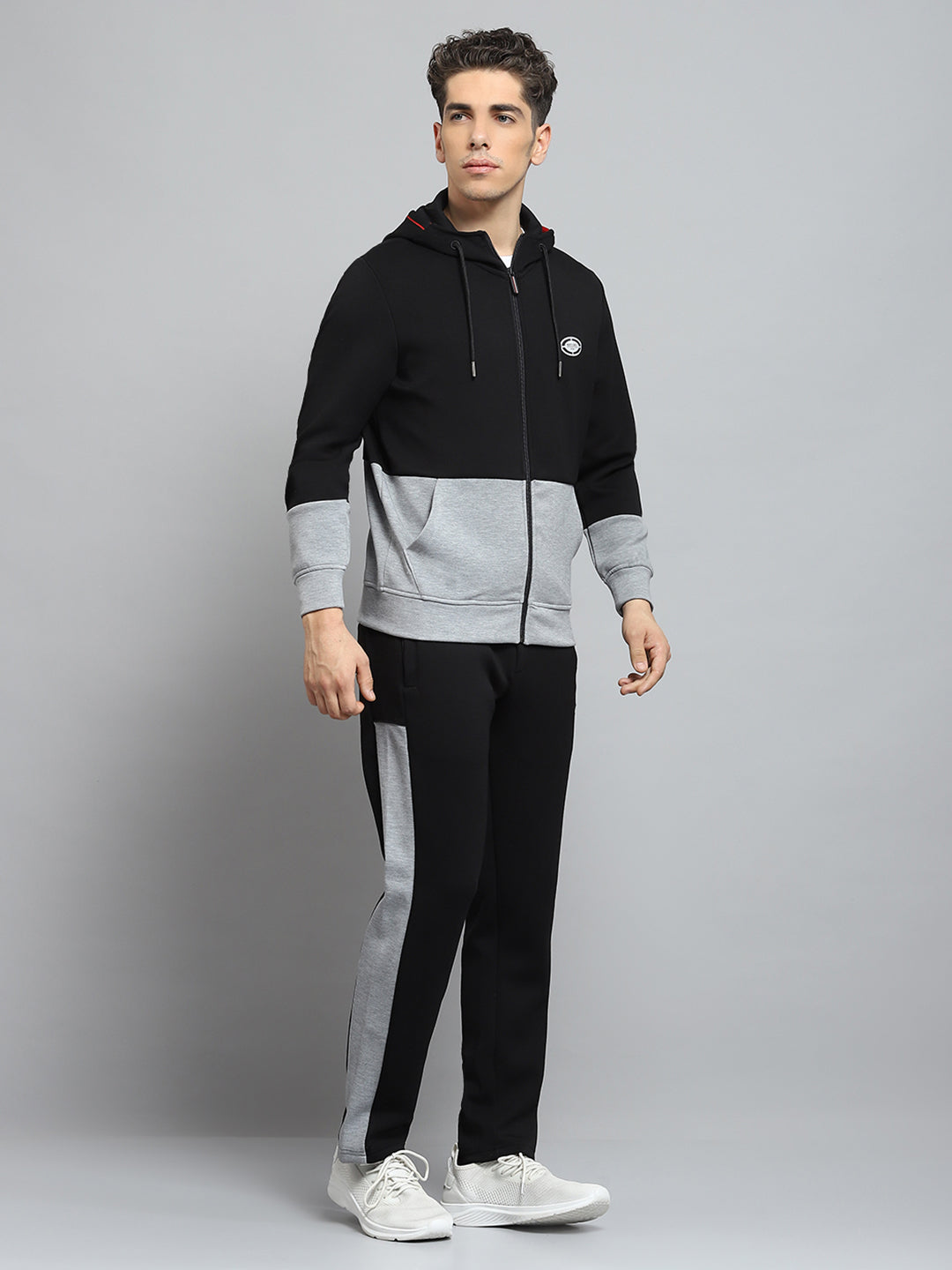 Men Black Self Design Hooded Full Sleeve Winter Tracksuit