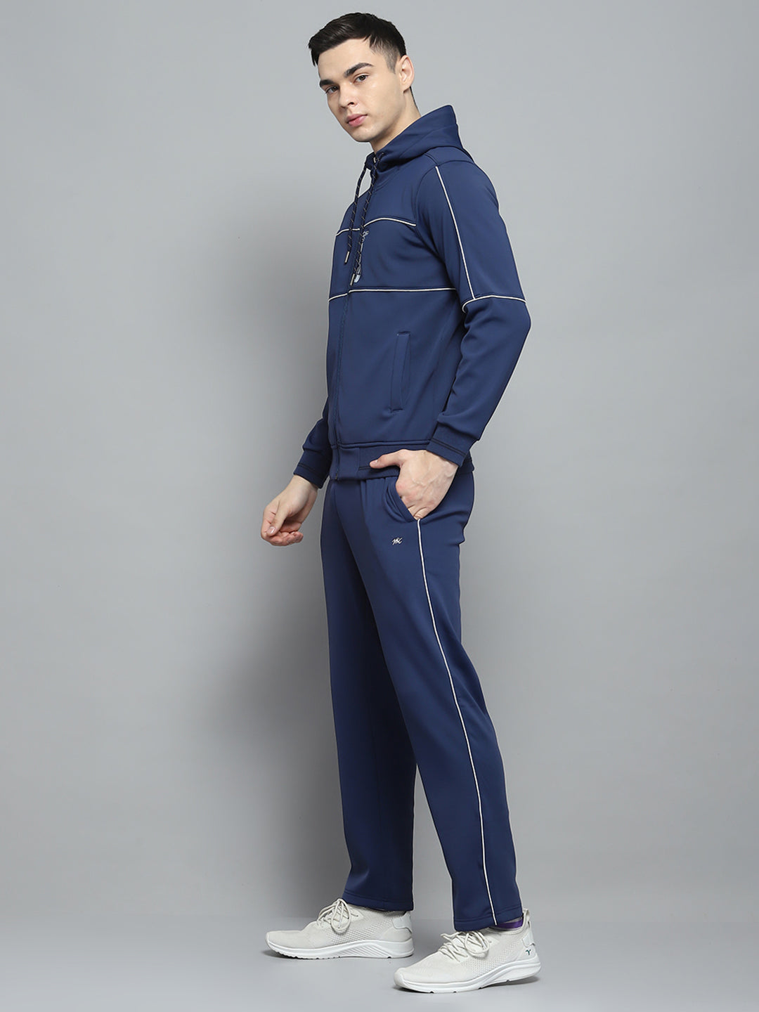 Men Blue Printed Hooded Full Sleeve Winter Tracksuit