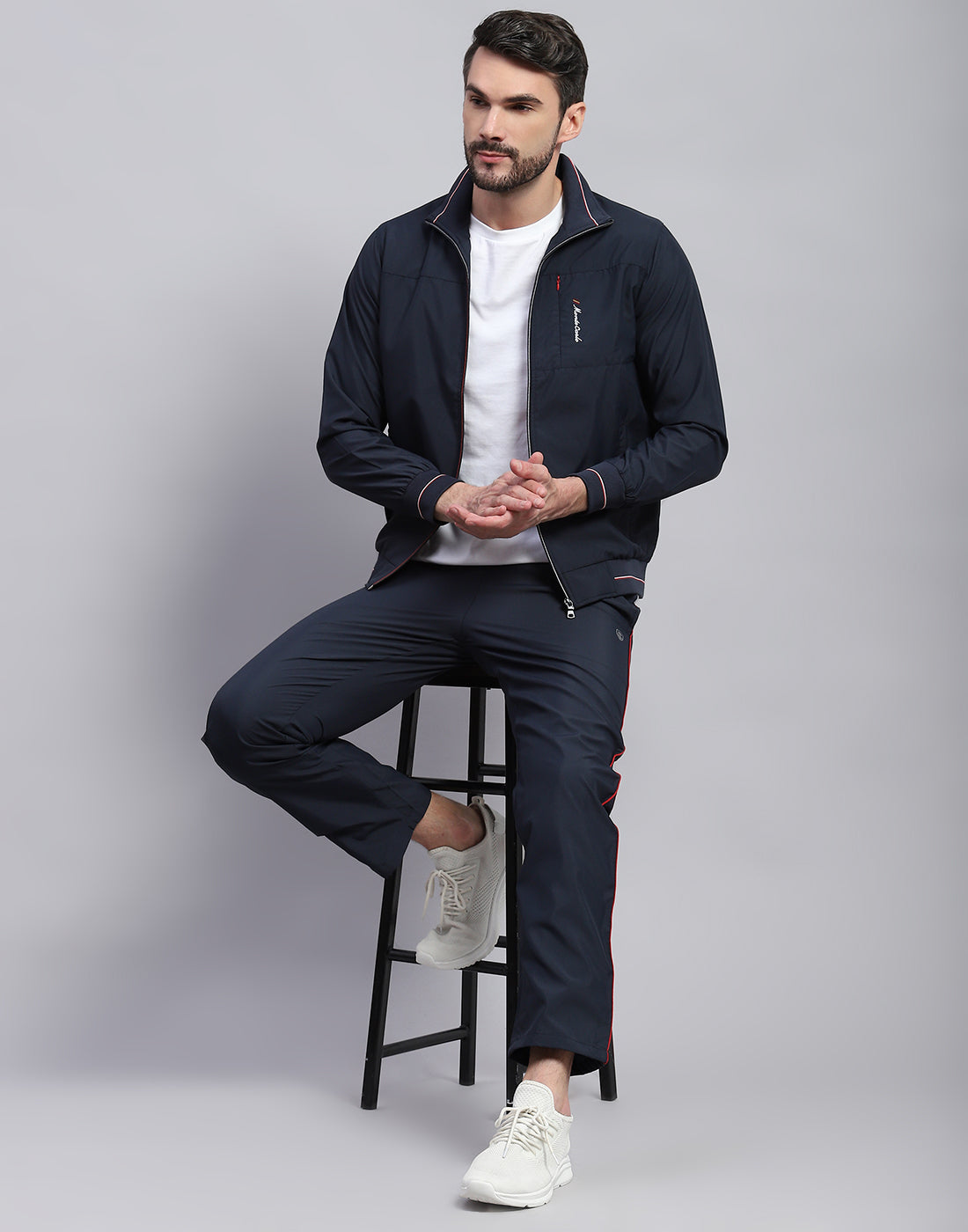 Men Navy Blue Solid Band Collar Full Sleeve Winter Tracksuit