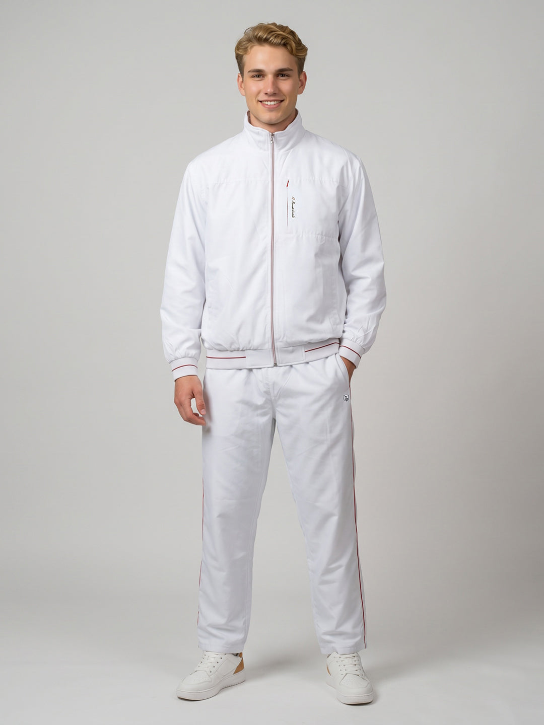 Men White Solid Collar Full Sleeve Winter Tracksuit