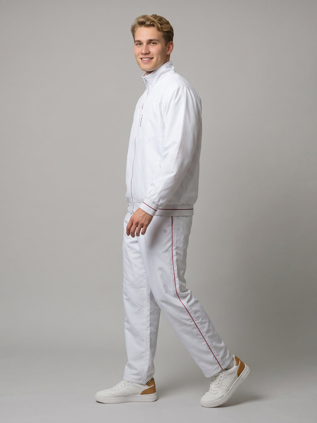 Men White Solid Collar Full Sleeve Winter Tracksuit